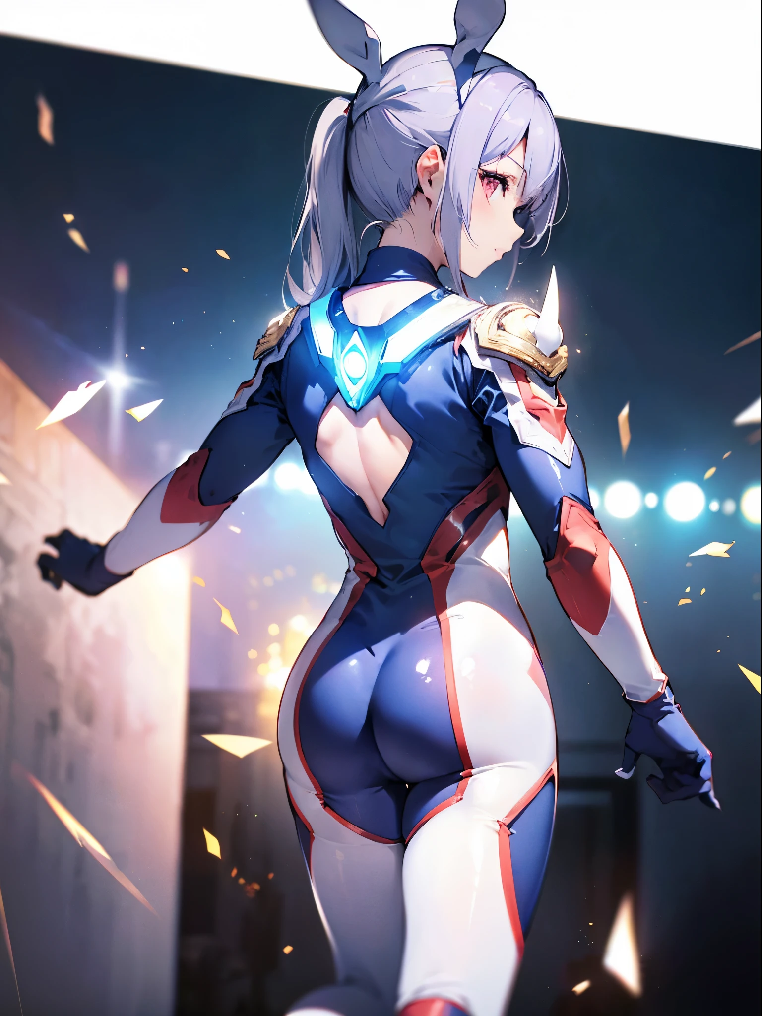 Realistic,highest quality, Ultra Detail, High-quality CG rendering, The most delicate and beautiful, Floating softly, High resolution, (1 girl), (Highest quality,4K,8K,masterpiece:1.2) ,Light purple hair,Rabbit,Bunny ears,ponytail,Red eyes,(Ultra Girl:1.0),(blue ultraman bodysuit:1.4),Blue gloves,Blue shoes, (Turn your back to your audience:1.3),Ass,(背中にウサギのAss尾:1.5)