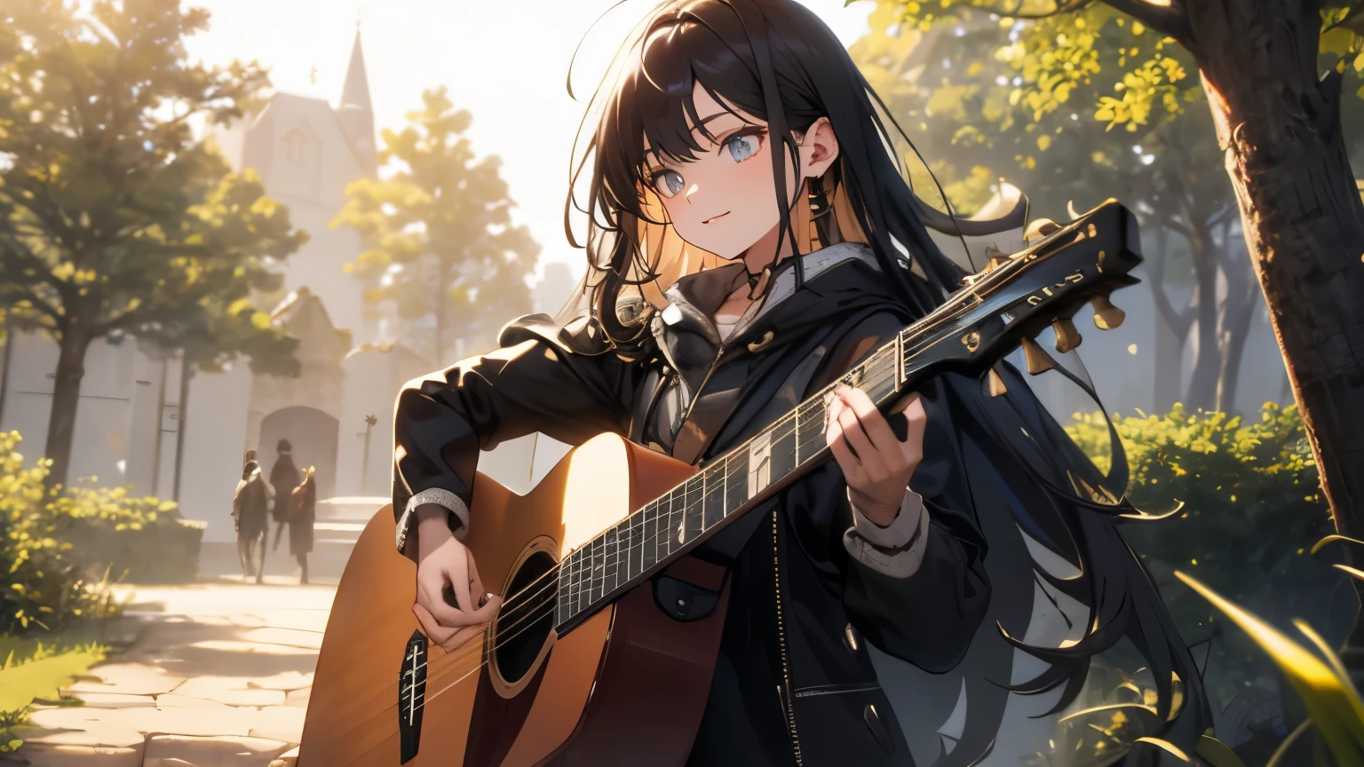 {{masterpiece, highest quality, Highly detailed CG, 8k wallpaper, 3D, Cinema Lighting}}、Fantasy、middle ages、Daytime、Natural light、village in the forest、One woman、Calm expression、Beautifully detailed eyes、Acoustic guitar、Singing with Acoustic Guitar、Outdoor、Village square