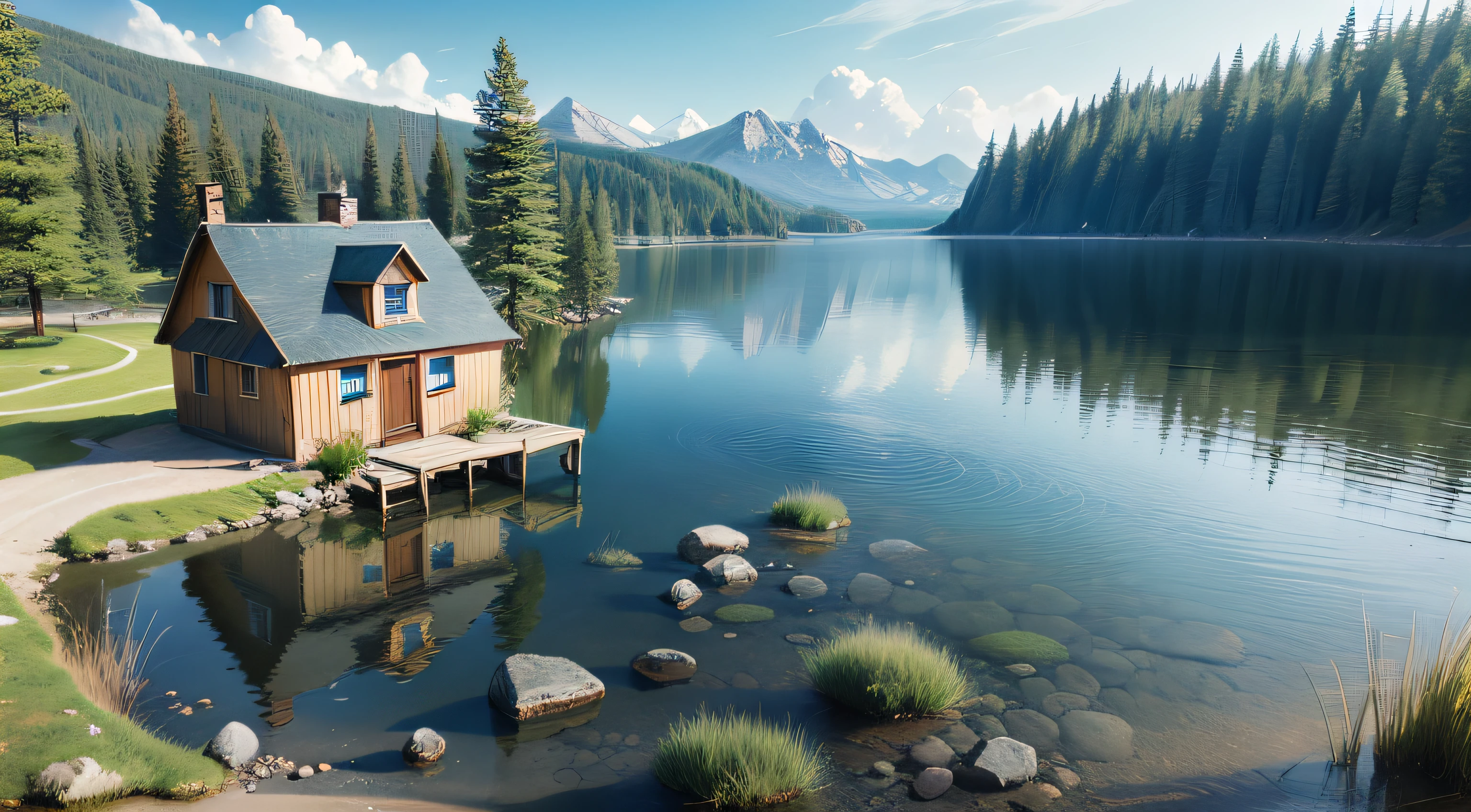 Realistic photo of small house on the edge of the lake, transparent and calm water, stones at the bottom of the lake. --auto --s2