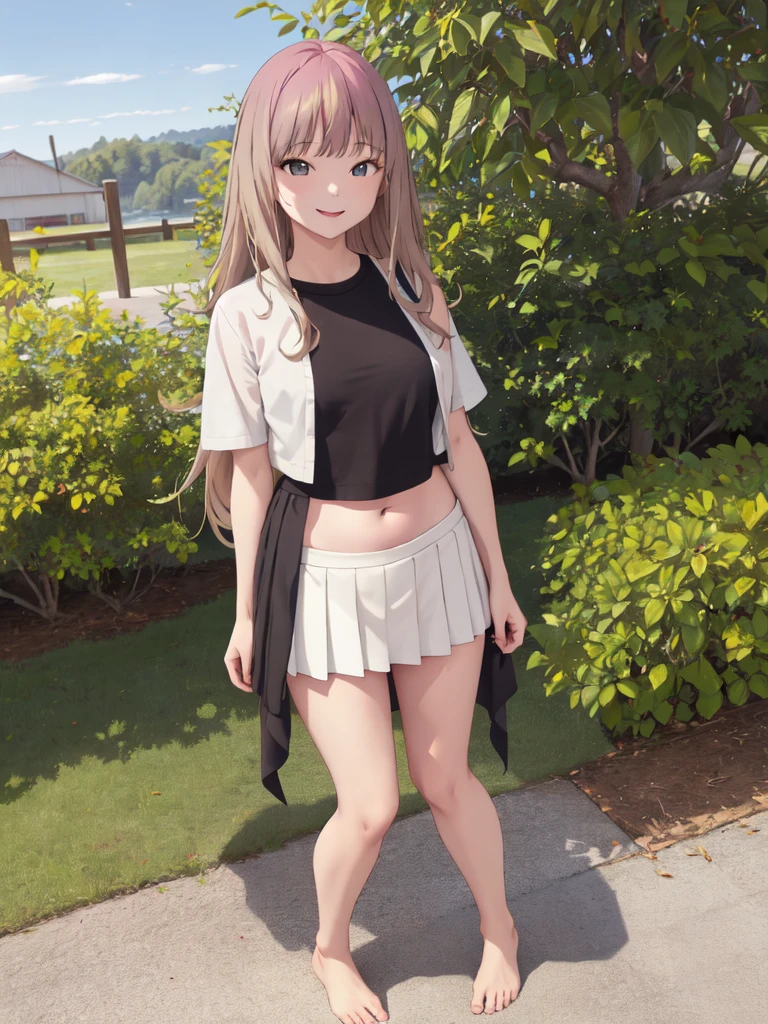 (best quality,highres,ultra-detailed), masterpiece:1.2, aayume, long hair, bangs, short shirt, belly button, short black skirt:1.5, outdoors, standing, smile, beautiful thighs, barefoot、full body