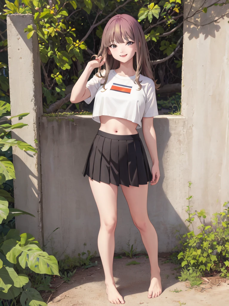 (best quality,highres,ultra-detailed), masterpiece:1.2, aayume, long hair, bangs, short shirt, belly button, short black skirt:1.5, outdoors, standing, smile, beautiful thighs, barefoot、full body