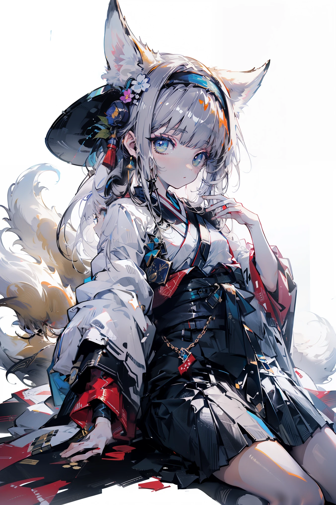 White Background, Blue Skirt,Solo Female, alone, (Kneel), (Kneel on white glass surface), (Cent, small), (White Background), (Witch Hat), curly, Looking at the audience, Panoramic View, vision, It begins with the night of the ark., Popular topics on Art Station pixiv, Arc Knight, pixiv Digital Art,onmyoji detailed art, Japanese anime fantasy illustration, author:Hero, Anime Art Wallpapers 8K, Sky Witch, pixiv style, anime art wallpaper 4k, anime art wallpaper 4k, (Clean background), Ink painting style,Beautiful colors,The decisive cut,広いblank領域, blank, space,masterpiece, Very sophisticated,A magnificent work,expensive、expensive品質,highest quality,4K