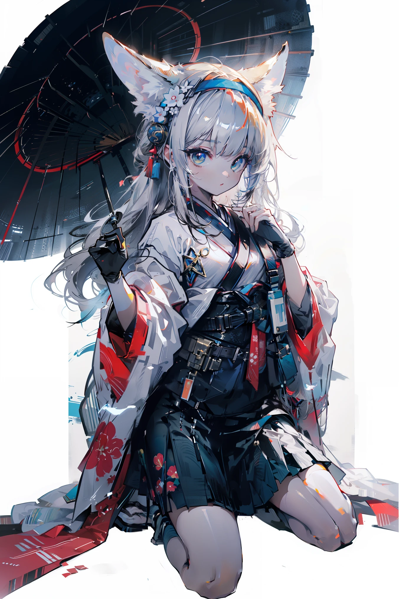 [[[ ultra-detailed, best quality, soft skin, beautiful, 4K]]] white hair,perfect blue eyes, tied-up hair, slender body, dynamic angle, white choker, white and blue upper loose kimono (off shoulders kimono ) , white fox ears, calm expression, female, snowy palace gardens background, serious). walking angle, ((little horny smile)), bare shoulders,  easy like, scenery 
