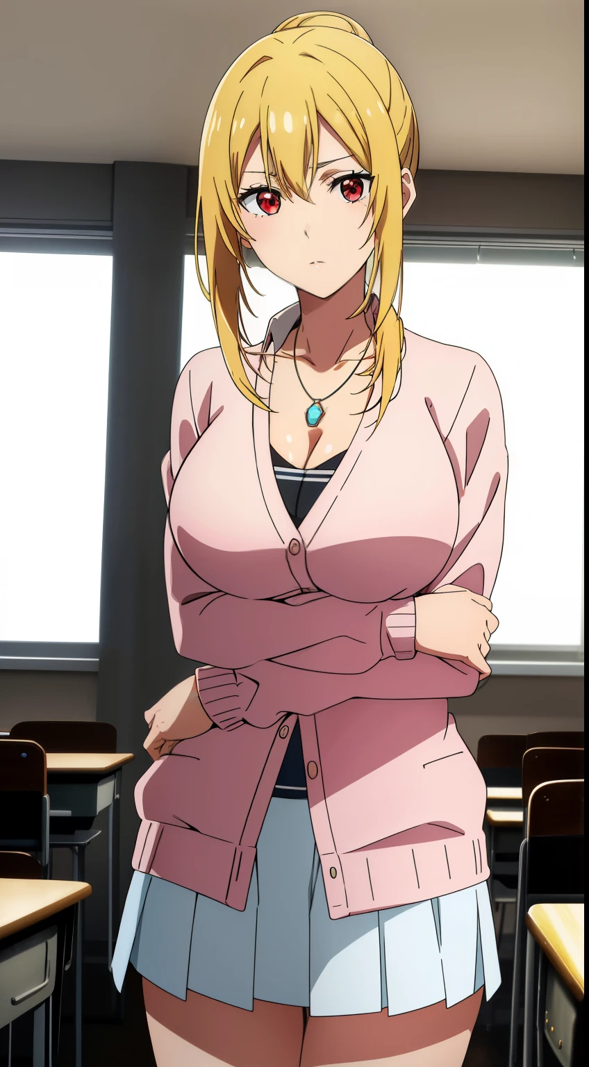 best quality, high resolution, 8K, anime art style, beautiful detailed eyes, extremely detailed face, soft expression, stylish pose, Angelica V4,1girl,solo,red eyes, (collared shirt, white shirt, necklace, jewelry, sweater, cardigan, miniskirt, classroom, cowboy shot), looking at the audience, in the center of the image, beautiful large medium-sized breasts, beautiful face, slim waist, appealing, soft lighting,