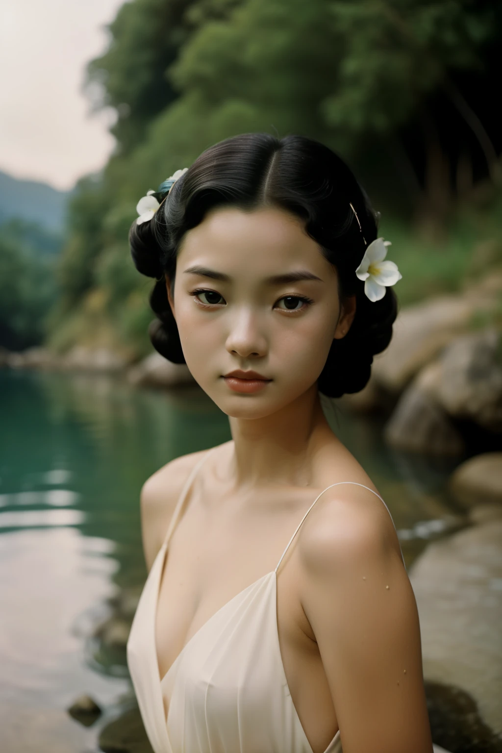Kioto, 1949. A young ((((29-year-old)) Sayuri)), strikingly beautiful, delicate facial features, porcelain skin, expressive eyes, outdoors, swimming in a natural spring, ((sad expression)), ((hairstyle of the 1940s)), colorful