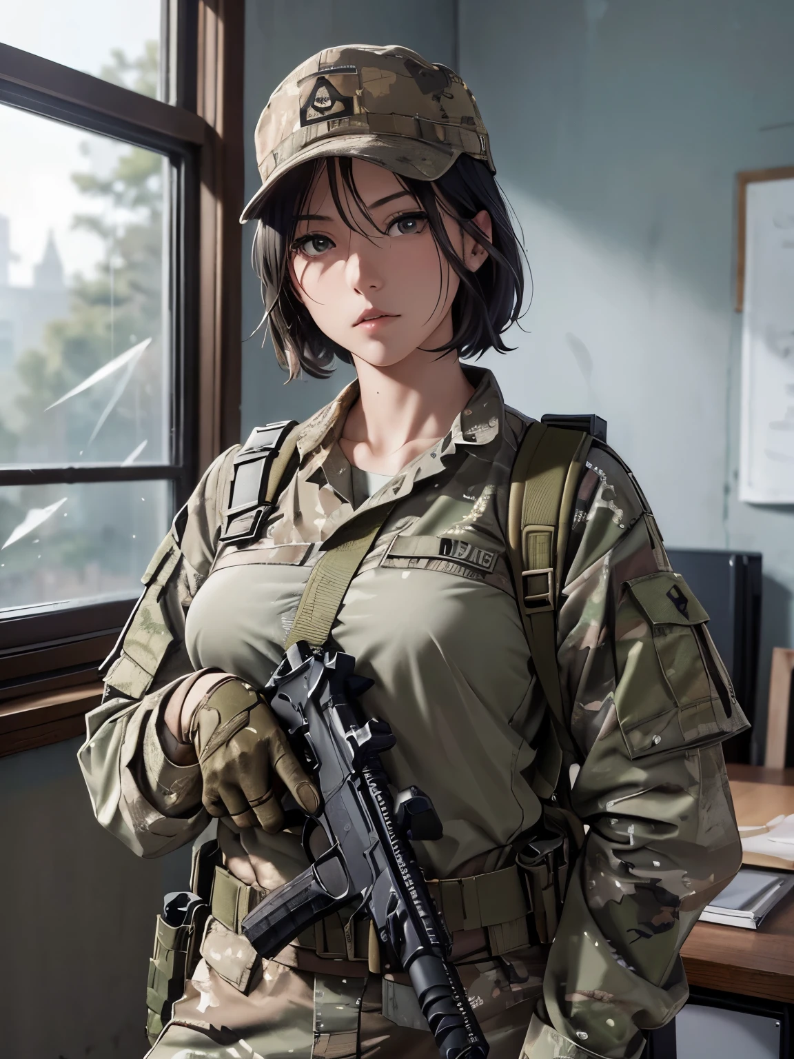 ((masterpiece、ultra fine photos、top-quality、超A high resolution、sharp focus、bustshot))、、Beautiful Female Soldier、delicated face、fair white skin、High Detail Skin、realistic skin detail、Cropped Shorthair、Combat equipment、Army long sleeve camouflage uniform over black undershirt、Camouflage pants、Combat gloves、Holding the rifle with both hands、rucksack、Detailed and complex busy background、A room in an abandoned building、White smoke、Detailed face and chest depiction、Detailed hand depiction、combat pose、Dynamic action、watching at viewers