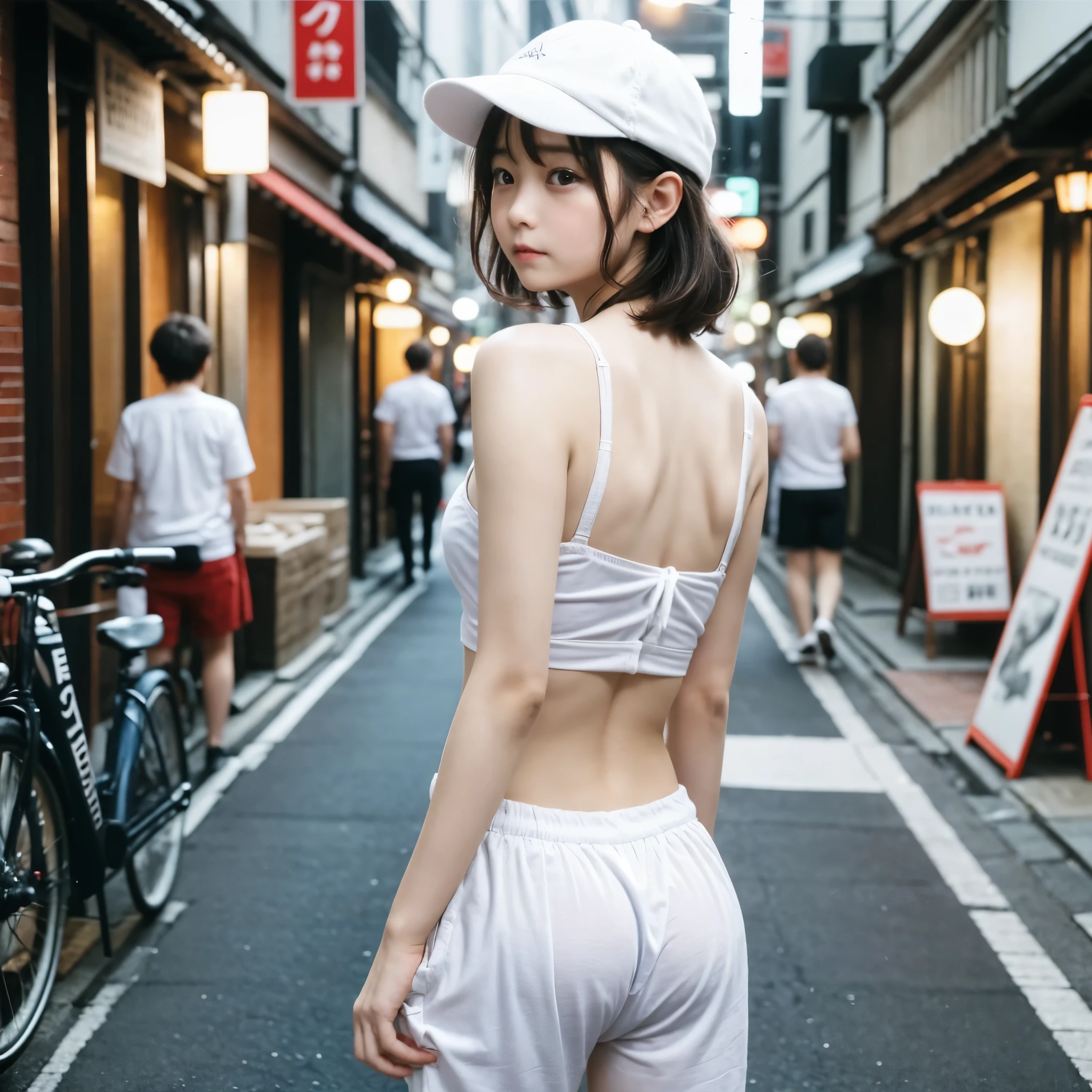 (RAW Photos:1.2), (Realistic), Beautiful detailed girl, Very detailed eyes and face, Beautiful details, Large file size, High resolution, Very detailed, highest quality, [Tabletop:1.6], shape, Very detailed, Finer details, highest quality, 8k wallpaper, Cinema Lighting, 15 year old girl in Japan, Walking the dark backstreets of Japan,Back view,  Back viewから振り返ってこちらを向いて驚く, White cap, In underwear, White bra visible, White panties are visible,Anxious expression, Young face, Small breasts, Small Ass, Slender body, Exposed underwear, white cotton panties, dangerous night road