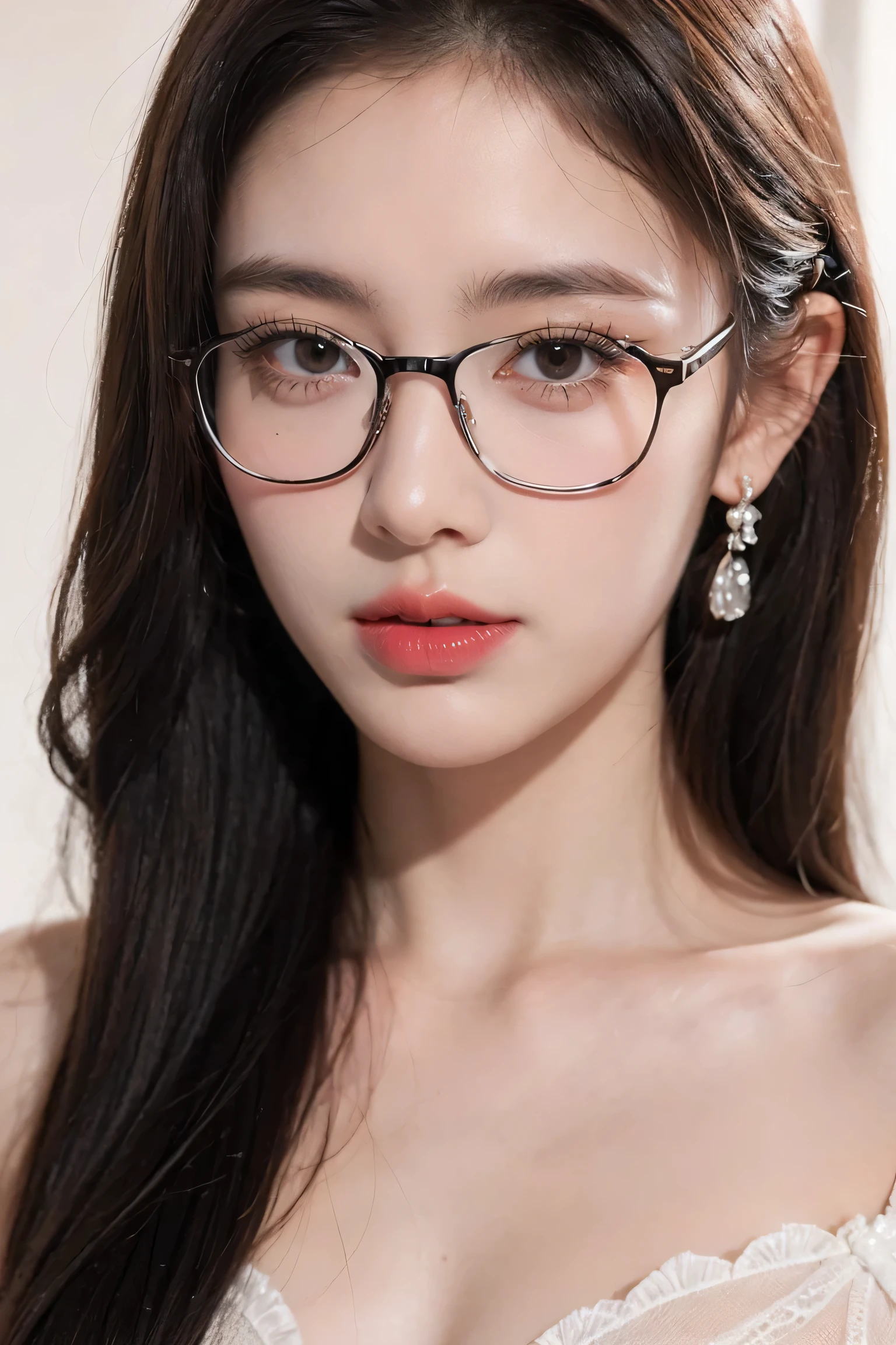 Top CG, Highest image quality, masterpiece, Gentle and beautiful girl, (185cm美女), (fit), Imperial sister, Queen temperament, White skin, ((Long legs)), perfect facial features, Bright Eyes, Seductive pose, Red lips, Beautiful and cold (A major breakthrough)), Beautiful and heroic, Soft and long hair, Glittering, Lace, net, Visible through clear skin, wear glasses, Diamond Earrings, Pink dress), 8K Image Quality, (Realistic Portraits), Characters fill the screen, (Facial lighting), ((eternal)