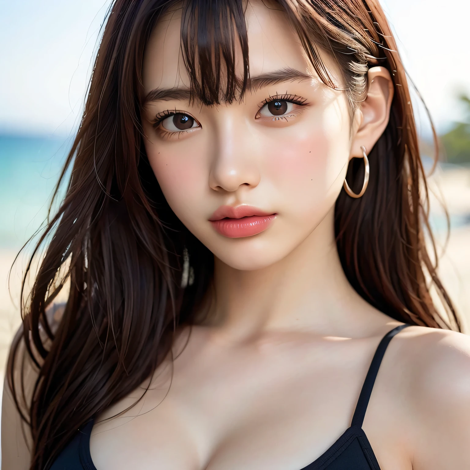 ((highest quality)), (be familiar with), beautiful girl, very huge tits, Japanese girl, , highly detailed eyes, highly detailed nose, highly detailed mouth, beautiful feet, swimsuit, beautiful hand, beautiful arms, palm tree, beach, perfect anatomy :1.4, highly detailed face, one person, no cut, outdoor, accurate body, glamor, whole body, back shot, smile, chiaroscuro, ((masterpiece)), 16k, textured skin, super detail