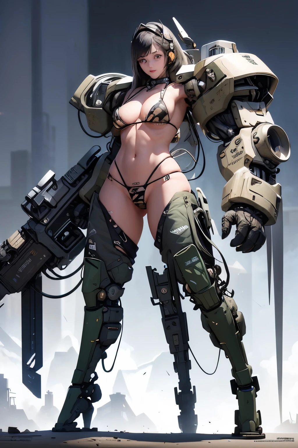 Beautiful woman in a slingshot bikini with camo patterns, mechanical bikini with camo patterns, tattered military gear, mechanized soldier girl, oversized mechanical exoskeleton oversized robotic gauntlet arms and robotic boots legs with camo patterns, inspired by Masamune Shirow, girl in mecha armor with camo patterns, mechanized valkyrie girl, cushart kenz, cool mecha style, bikini-armor with camo patterns, infantry girl, Bare Skin, Athletic Well Toned Body, sweaty skin, Barely Clothed, cammo patterns, Beautiful Face, dieselpunk Theme, Fiverr Dnd Character, Octane Render, Digital Art, Extreme Detail, 4k, Ultra Hd, Polished, Beautiful, Hyperdetailed, Intricate, Elaborate, Meticulous, Photorealistic, Sharp Focus, Wlop, Character Design, Unreal Engine, 3d Rendered, Volumetric Lighting, Reflections, Glossy, Digital Illustration, Pose, Suggestive Pose, Lewd, Full Body Shot, naked, vissible nipples, puffy vagina, anatomically correct 💖❤💕💋