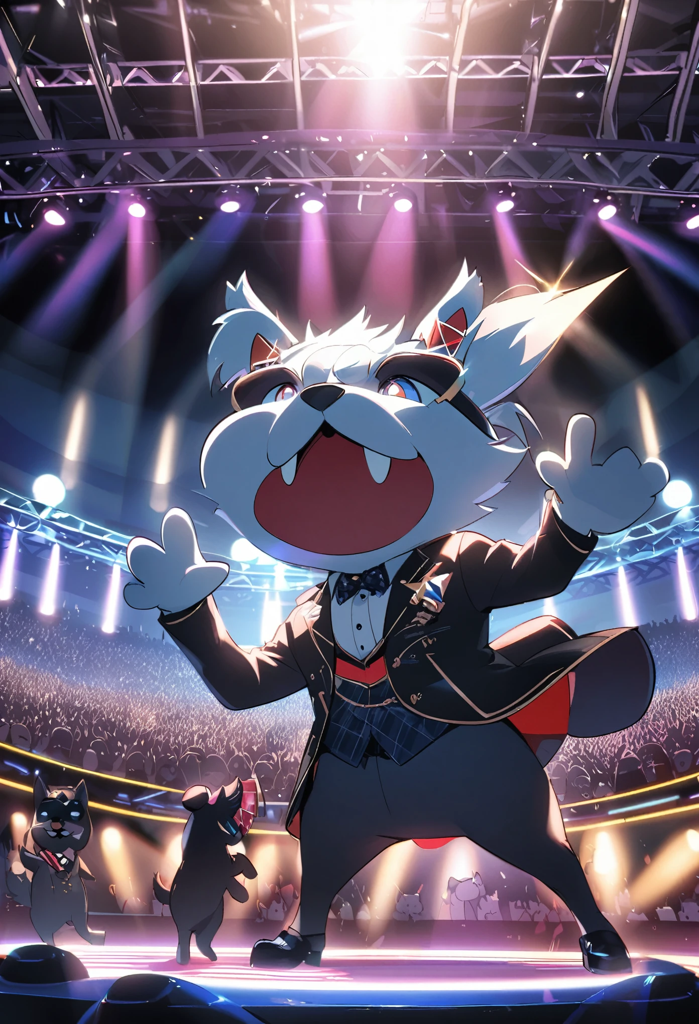 (Charismatic man with a top knot, On a lively stage, Captivate the crowds with an impressive light show)Vocalist Male Cartoon、Anthropomorphic Scottish Terrier Dog
