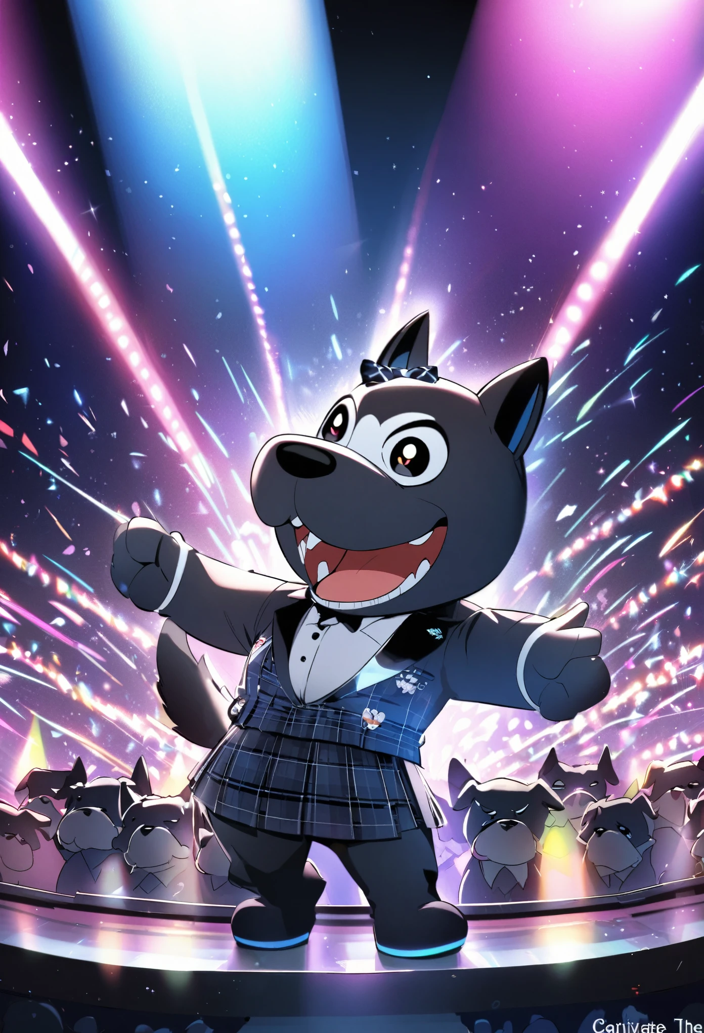 (Charismatic man with a top knot, On a lively stage, Captivate the crowds with an impressive light show)Vocalist Male Cartoon、Anthropomorphic Scottish Terrier Dog