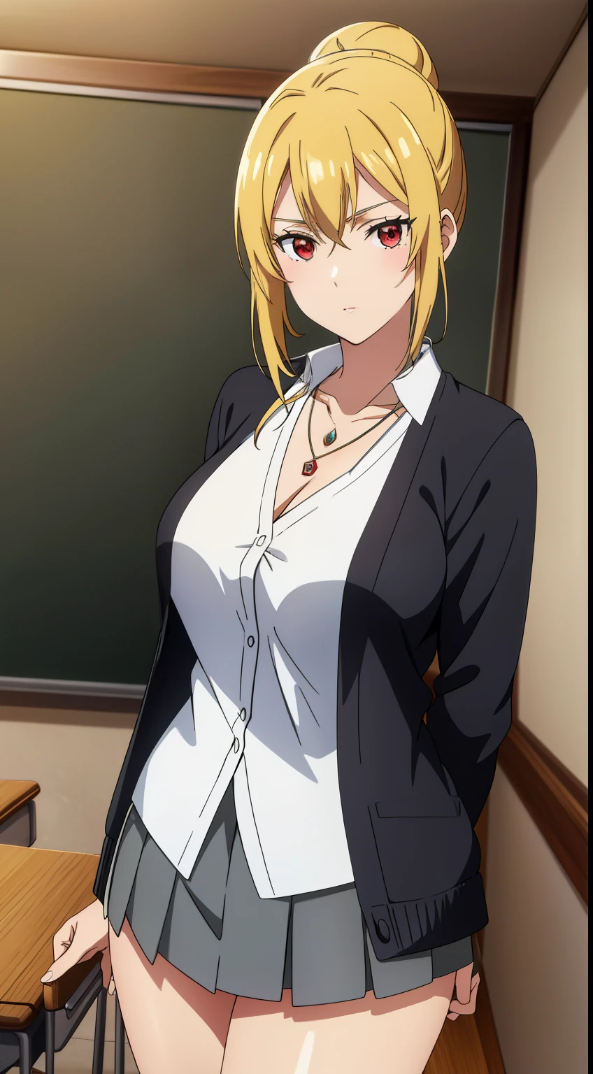 best quality, high resolution, 8K, anime art style, beautiful detailed eyes, extremely detailed face, soft expression, stylish pose, Angelica V4,1girl,solo,red eyes, (collared shirt, white shirt, necklace, jewelry, black sweater, cardigan, miniskirt, classroom, cowboy shot), looking at the audience, in the center of the image, beautiful large medium-sized breasts, beautiful face, slim waist, appealing, soft lighting,