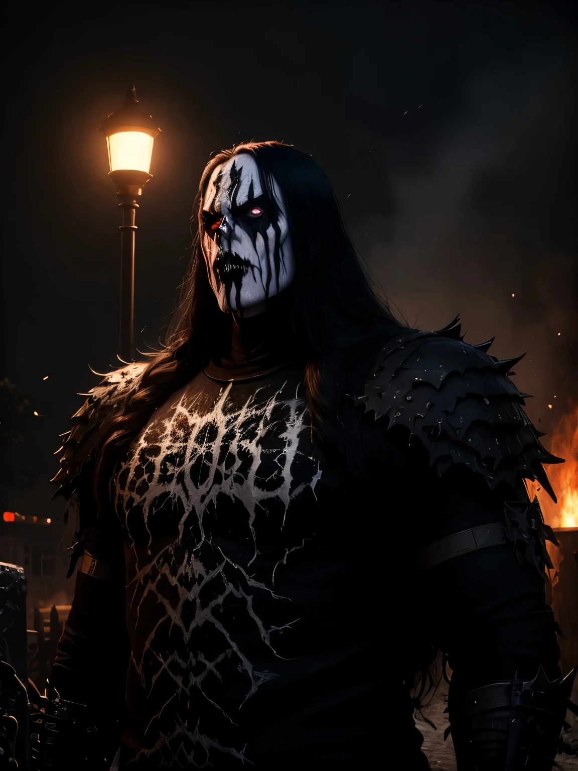 (masterpiece, best quality:1.2), (((1man, male))) , solo, highres, best quality, Half body shot of a strong Man, pale white skin angry man with (((black metal corpsy paint))), ((Angry face)) , heavy White and Black face paint, in a gothic cemitery, at night, horror movie. high details, super detail, textured skin, masterpiece, UHD, 4K, 8k. ((Cinematic lighting)). Church on fire background 