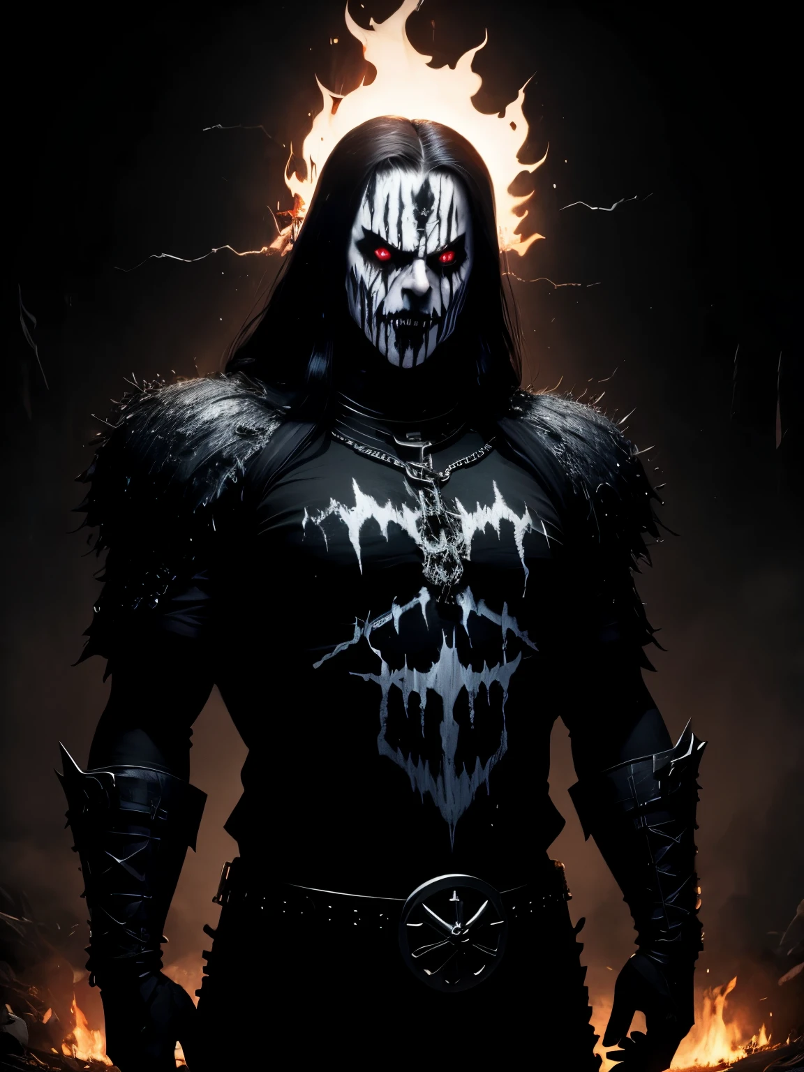 (masterpiece, best quality:1.2), (((1man, male))) , solo, highres, best quality, Half body shot of a strong Man, pale white skin angry man with (((black metal corpsy paint))), ((Angry face)) , heavy White and Black face paint, in a gothic cemitery, at night, horror movie. high details, super detail, textured skin, masterpiece, UHD, 4K, 8k. ((Cinematic lighting)). Church on fire background 