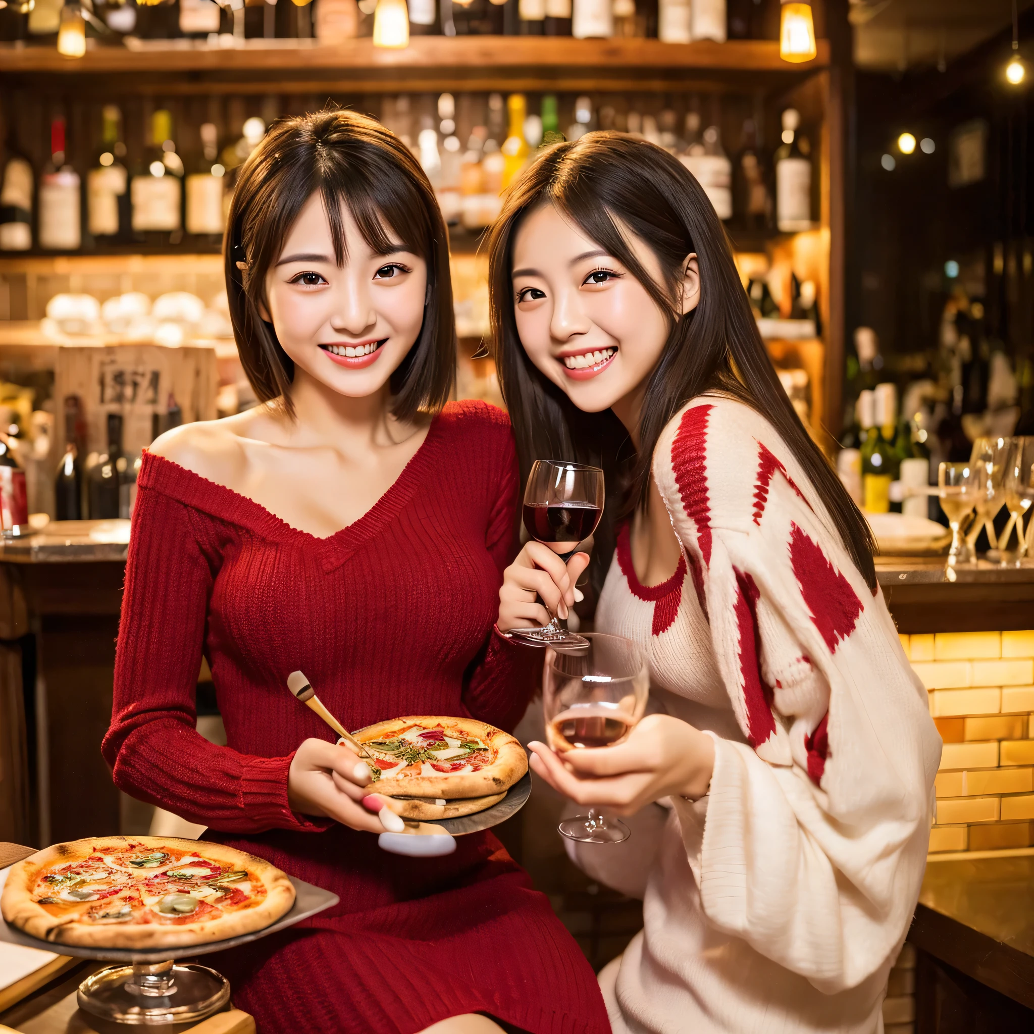 Japanese woman in her 20s, One girl photo, Slim figure, Realistic teeth, double eyelid, smile, whole body, masterpiece, highest quality, detailed, beauty, Pub, pizza，red wine，wine glass，Red dress，knit，Long sleeve，Breast enlargement，Tabletop，Upper Body