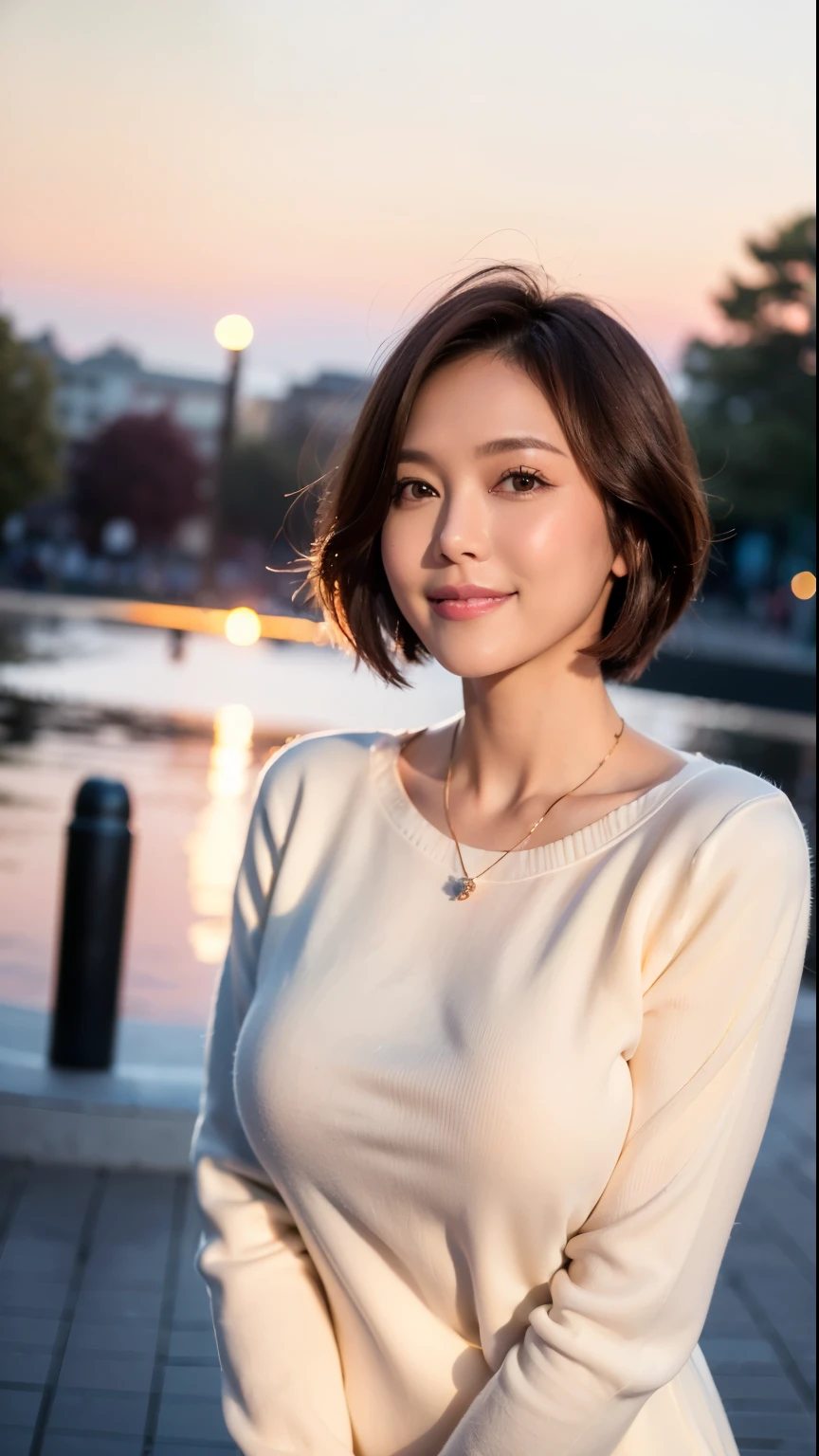 (highest quality, 8k, 32k, masterpiece, Ultra-high resolution:1.2),Beautiful Japanese Women Photos, Large Breasts, very short bob hair,whole body,White sweater, necklace, Simple Background, From above, View audience,smile、(In front of the fountain in the park:1.2)、(sunset:1.4)