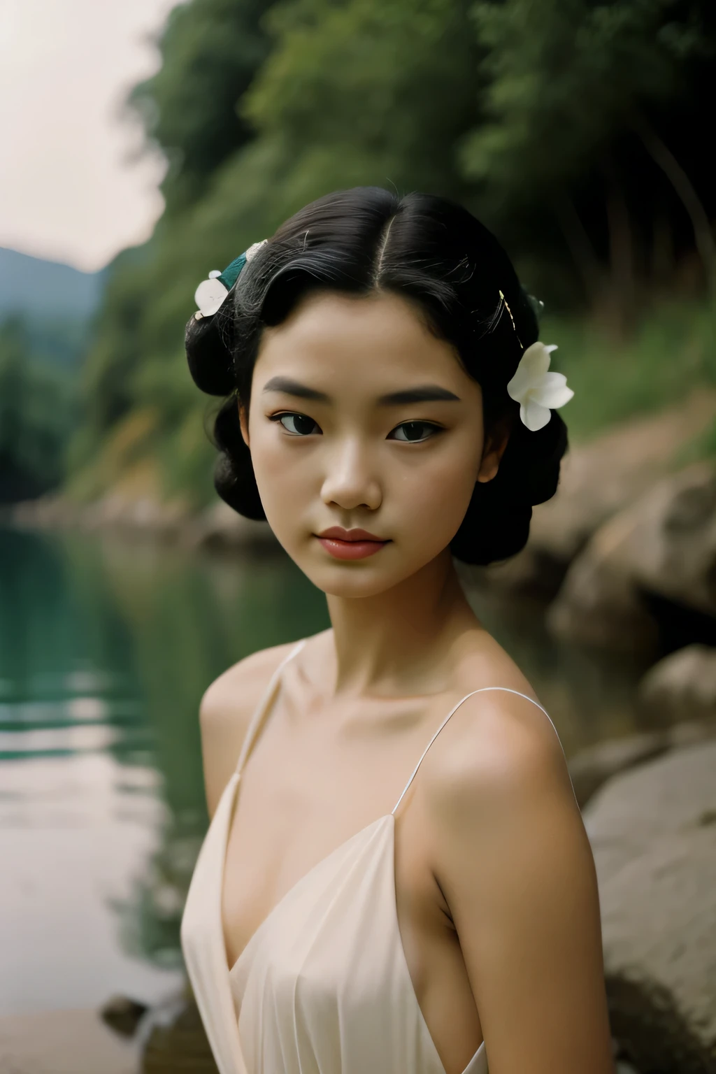 Kioto, 1949. A young ((((29-year-old)) Sayuri)), strikingly beautiful, delicate facial features, porcelain skin, expressive eyes, outdoors, swimming in a natural spring, ((sad expression)), ((hairstyle of the 1940s)), colorful
