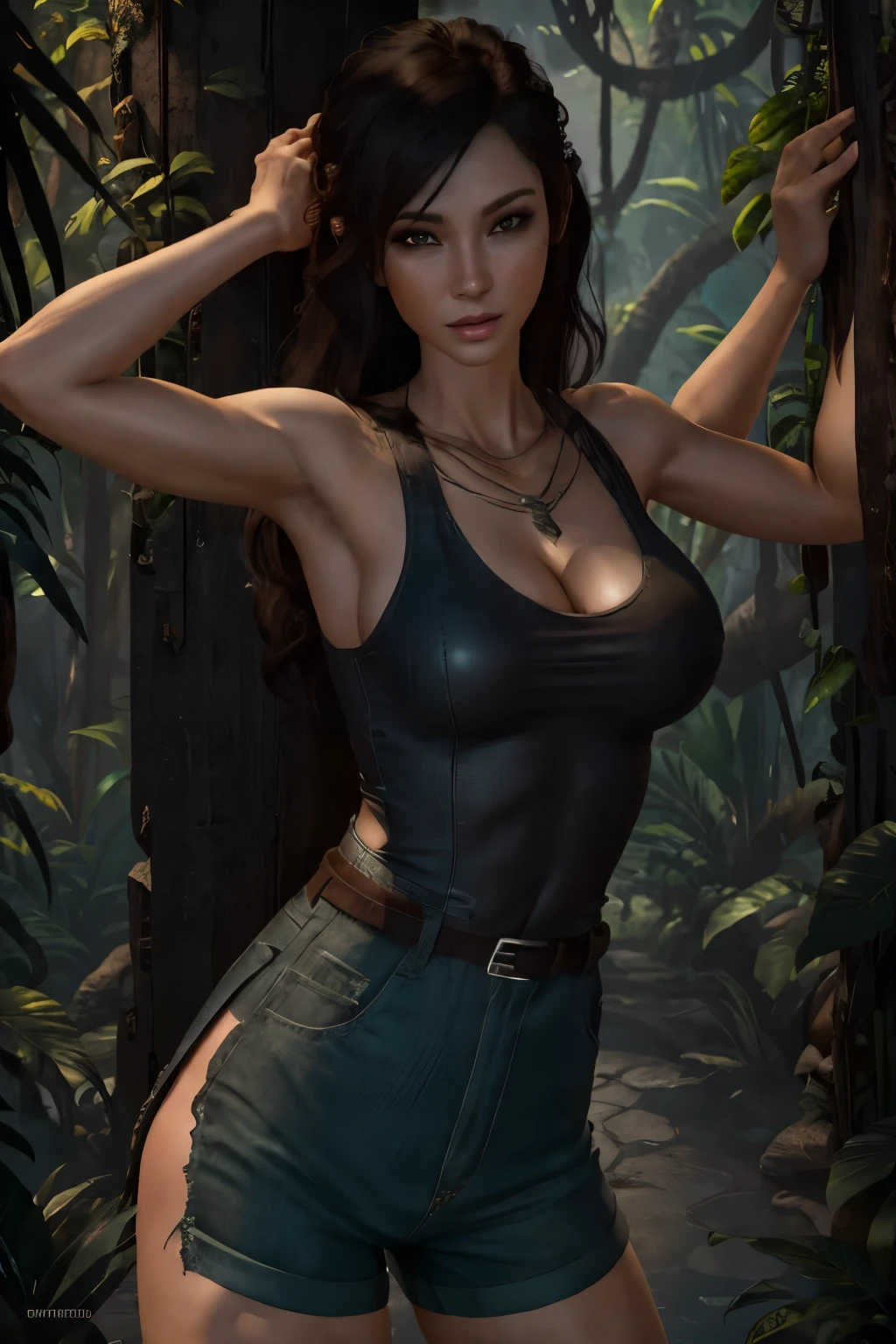 Beautiful Alluring Female jungle explorer, Bare sweaty Skin, Athletic Well Toned Body, torn dirty white leotard , leather belt, very short denim hotpants, cleavage, Barely Clothed, inside a jungle temple, Beautiful D&D Character Portrait, Beautiful Face, Ominous, Dark Fantasy, Fiverr Dnd Character, Octane Render, Digital Art, Extreme Detail, 4k, Ultra Hd, Polished, Beautiful, Hyperdetailed, Intricate, Elaborate, Meticulous, Photorealistic, Sharp Focus, Wlop, Character Design, Unreal Engine, 3d Rendered, Volumetric Lighting, Reflections, Glossy, Digital Illustration, Sensual Pose, Suggestive Pose, Full Body Shot, exposed breasts, large perky breasts, visible nipples, 💖❤💕💋❣