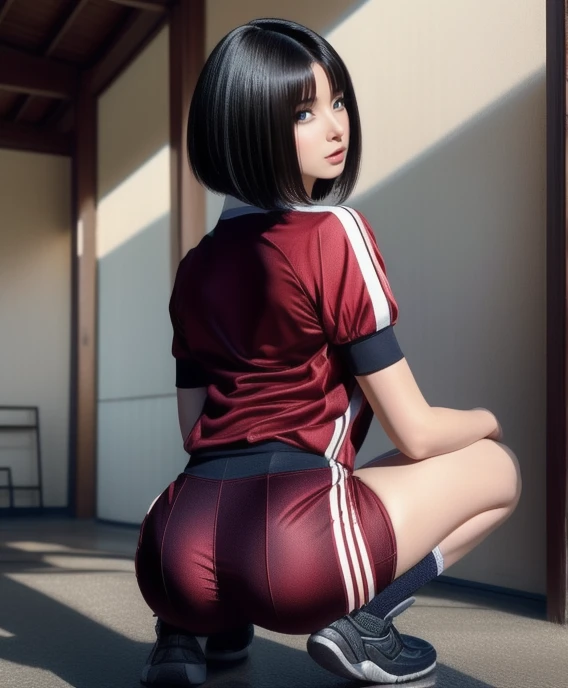 16 year old Japanese girl,(非常にdetailedな肌),curvy,,Beautiful big breasts,(Big Breasts),Pale skin,Pointed Chest,Erect nipples,(Fantasy art,Best image quality,Hyperrealist portrait,(8k),Ultra-realistic,最high quality, high quality, High resolution, high quality texture,Attention to detail,Beautiful details,detailed,Extremely detailed CG,detailed Texture,Realistic facial expressions,masterpiece,in front,dynamic,bold),Very short black bob hair,(very thin hair),(Very soft hair),(Super Stray Bob Hair:1.5),length, sleek bangs,Very light coppery amber hair,Hair on one eye,Wearing a volleyball uniform、The lines of the body are clearly visible、Close-fitting clothing、Crouched down with his back to the viewer、Squat、Drawing from behind、Emphasize the back、Emphasizes the feeling of your buttocks being squeezed