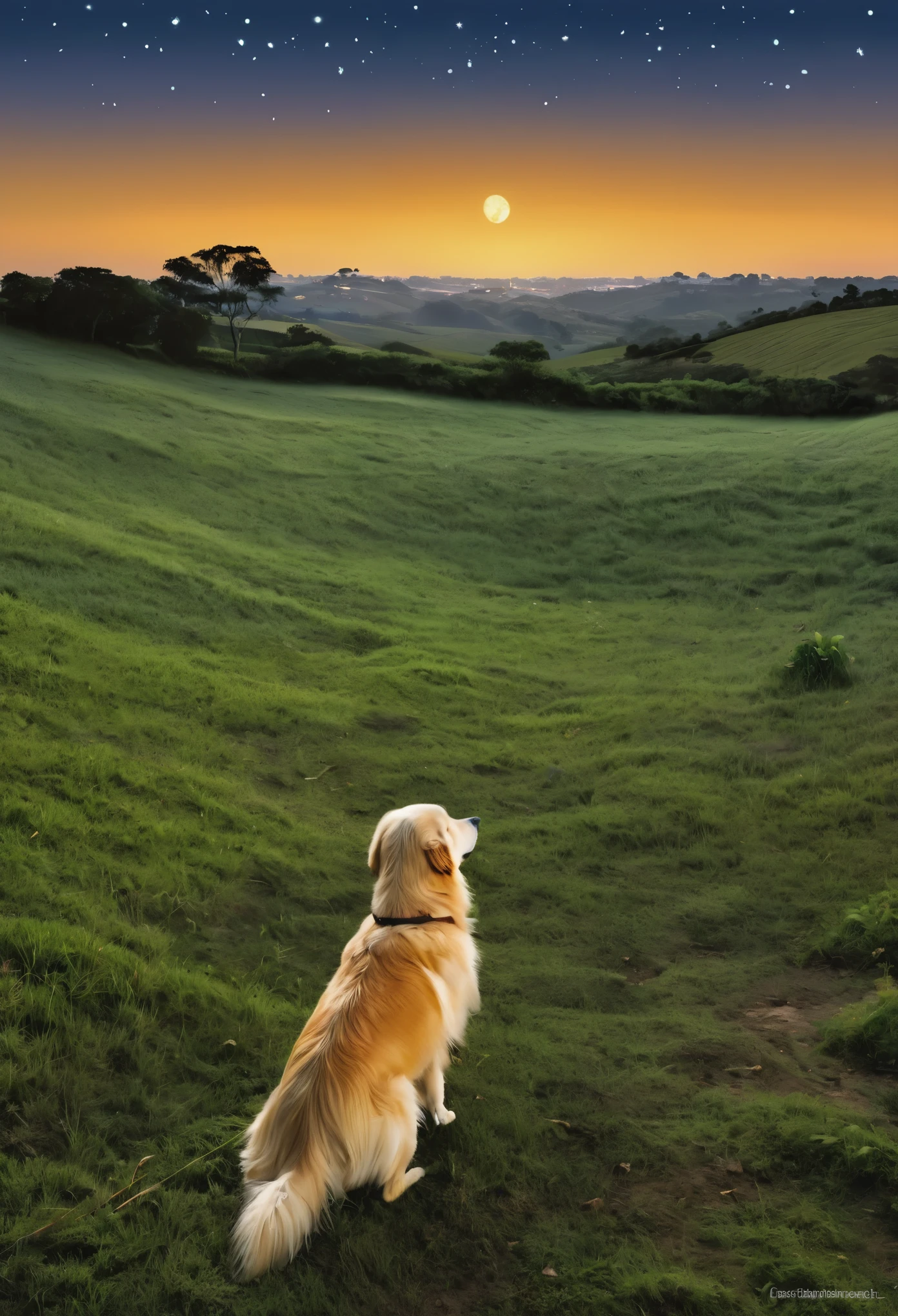 obra de arte, high resolution, 1 dog, Golden Retriever, de costa para o observador, olhando_para_o_sky, noite, lua_cheia, campo pastoril, ao ar livre, nuvem, enquadramento aberto, obra de arte, melhor qualidade