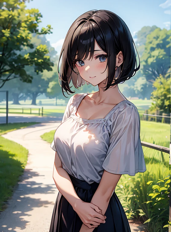 One Woman、Cute face、Also々New Expressions、Japanese、Attractive eyes、Chestnut mesh hair:1.5、French Braid、18-year-old、Grey Eyes、Camisole dress、Blue outerwear、Outdoor、Alsoとした佇まい、Wheat field
