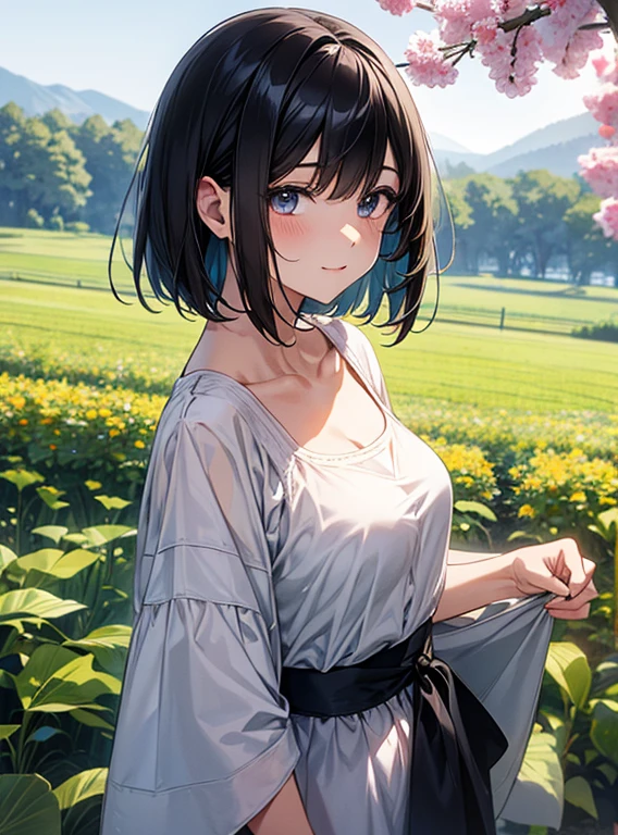 Short Bob、Attractive breasts、Beautiful and attractive anime woman, Enchanting anime girl, Top rated on pixiv、summer、Black Hair、Rural landscape、Cute clothes、Expose、beautiful girl