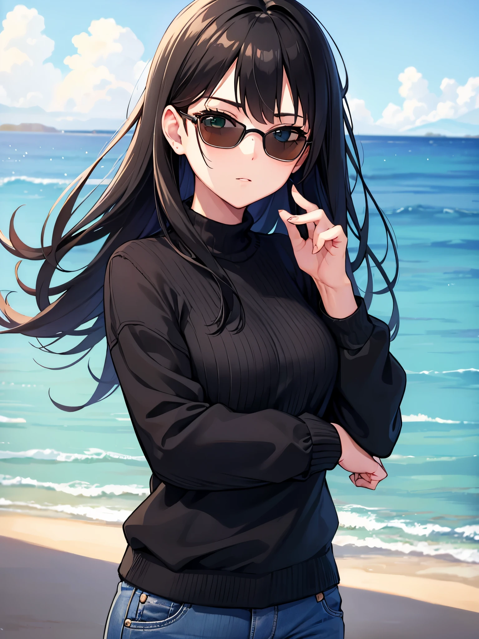 1 girl, Mature Woman, Green Eyes、Long black hair、Casual clothing、Wearing sunglasses、Blue sweater、Long trousers、bow, highest quality, hire, Detailed face, Coastal、Pose on the beach、 Detailed Background, Written boundary depth, Bokeh
