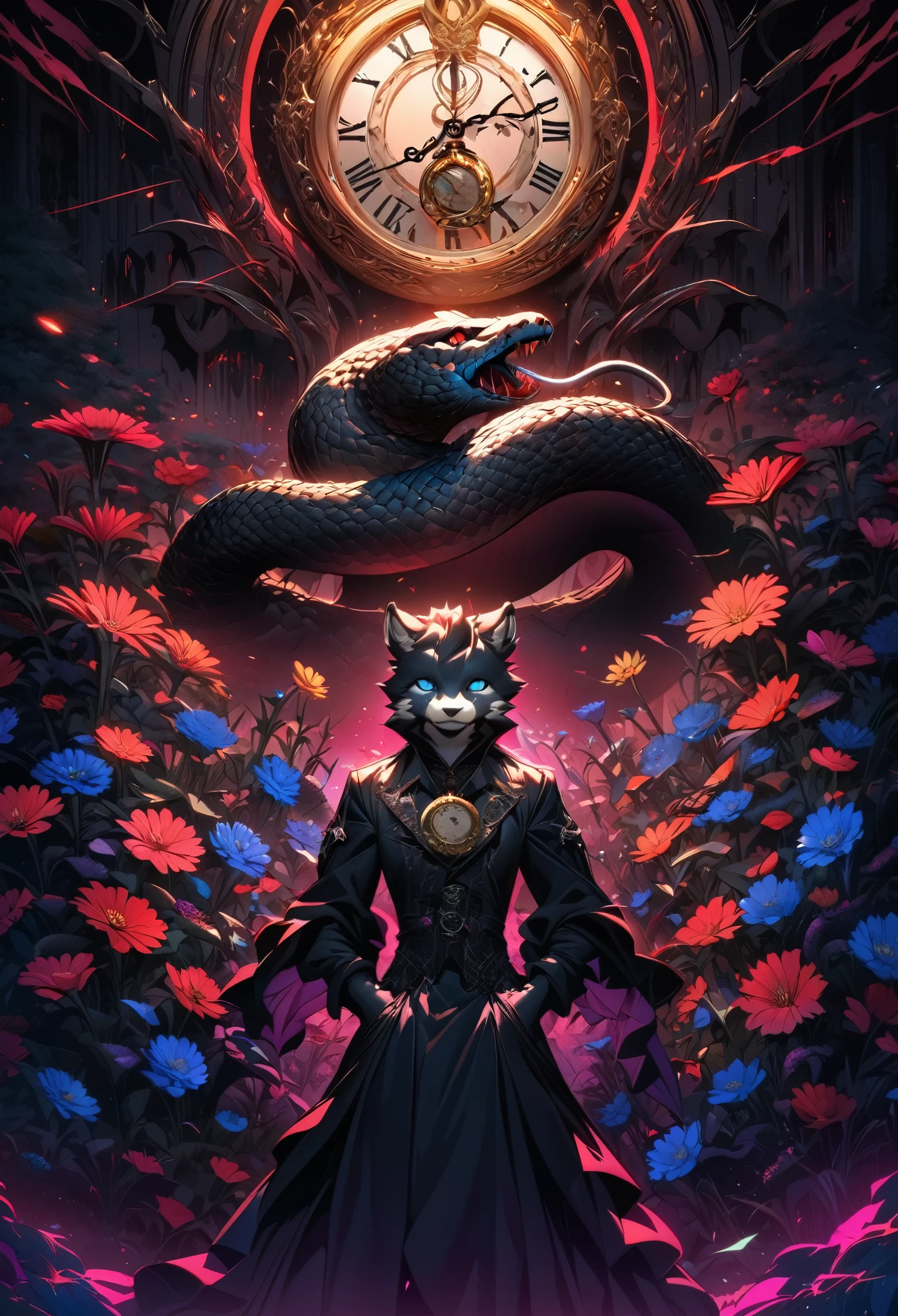 (best quality, high resolution, ultra-detailed)silhouett(kemono, furry anthro)holding striking pocket watch, surrounded by flowers, snakes and darkness, illustrative rendering, intricate details, mysterious atmosphere, vibrant colors, dynamic lighting , Gothic style,