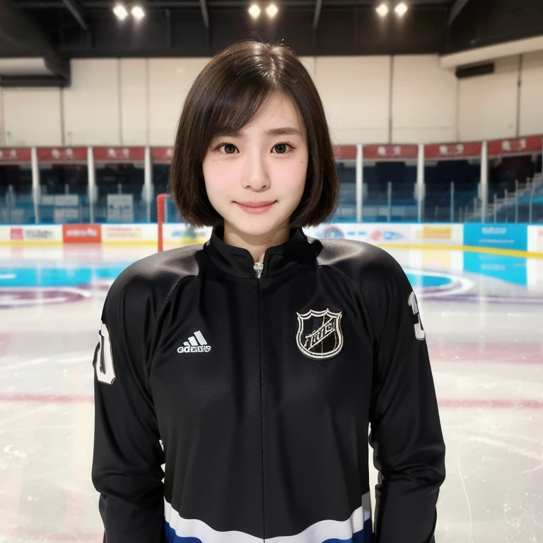 (kawaii 24year-old Japanese girl, Nogizaka idol, Korean idol), female ice hockey player, (glossy black hair, very short hair:1.3), (rounded face, black eyes, single eyelid, no makeup, soft smiling:1.2), (wearing long sleeved ice hockey jersey:1.5), ice hockey gloves, ice hockey helmet, (flat chest, extra small breasts:0.8), (looking at viewer:1.2), BREAK, (skating at ice skate arena, active atmosphere:1.3), (view from forward, bust shot, face focus:1.3), BREAK, (masterpiece, best quality, photo realistic, official art:1.4), (UHD, 8K quality wallpaper, high resolution, raw photo, golden ratio:1.3), (shiny skin), professional lighting, physically based rendering, award winning, (perfect anatomy, highly detailed skin, extremely detailed face and eyes:1.2), Carl Zeiss 300mm F/2.8, depth of field, 1girl, solo, nhl player, national hockey league player,