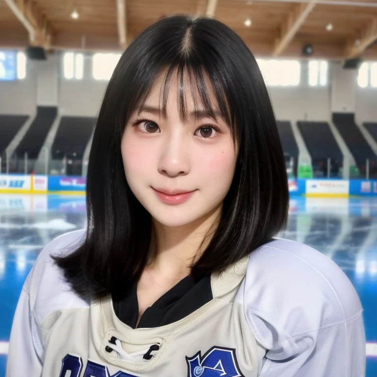 (kawaii 24year-old Japanese girl, Nogizaka idol, Korean idol), female ice hockey player, (glossy black hair, very short hair:1.3), (rounded face, black eyes, single eyelid, no makeup, soft smiling:1.2), (wearing long sleeved ice hockey jersey:1.5), ice hockey gloves, ice hockey helmet, (flat chest, extra small breasts:0.8), (looking at viewer:1.2), BREAK, (skating at ice skate arena, active atmosphere:1.3), (view from forward, bust shot, face focus:1.3), BREAK, (masterpiece, best quality, photo realistic, official art:1.4), (UHD, 8K quality wallpaper, high resolution, raw photo, golden ratio:1.3), (shiny skin), professional lighting, physically based rendering, award winning, (perfect anatomy, highly detailed skin, extremely detailed face and eyes:1.2), Carl Zeiss 300mm F/2.8, depth of field, 1girl, solo, nhl player, national hockey league player,