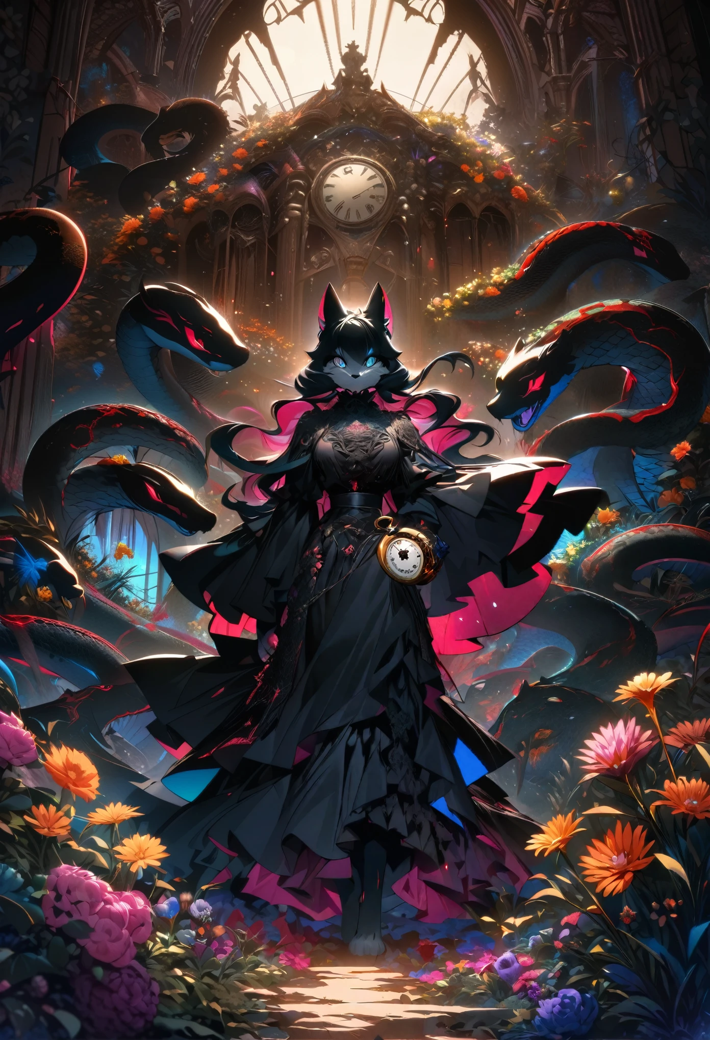 a sexy milf with a blindfold on, has very long purple hair, breasts, showing cleavage, has fox ears, wearing sakura kimono, in a gypsy tent, reading a crystal ball and surrounded by tarot cards, surrounded by candles