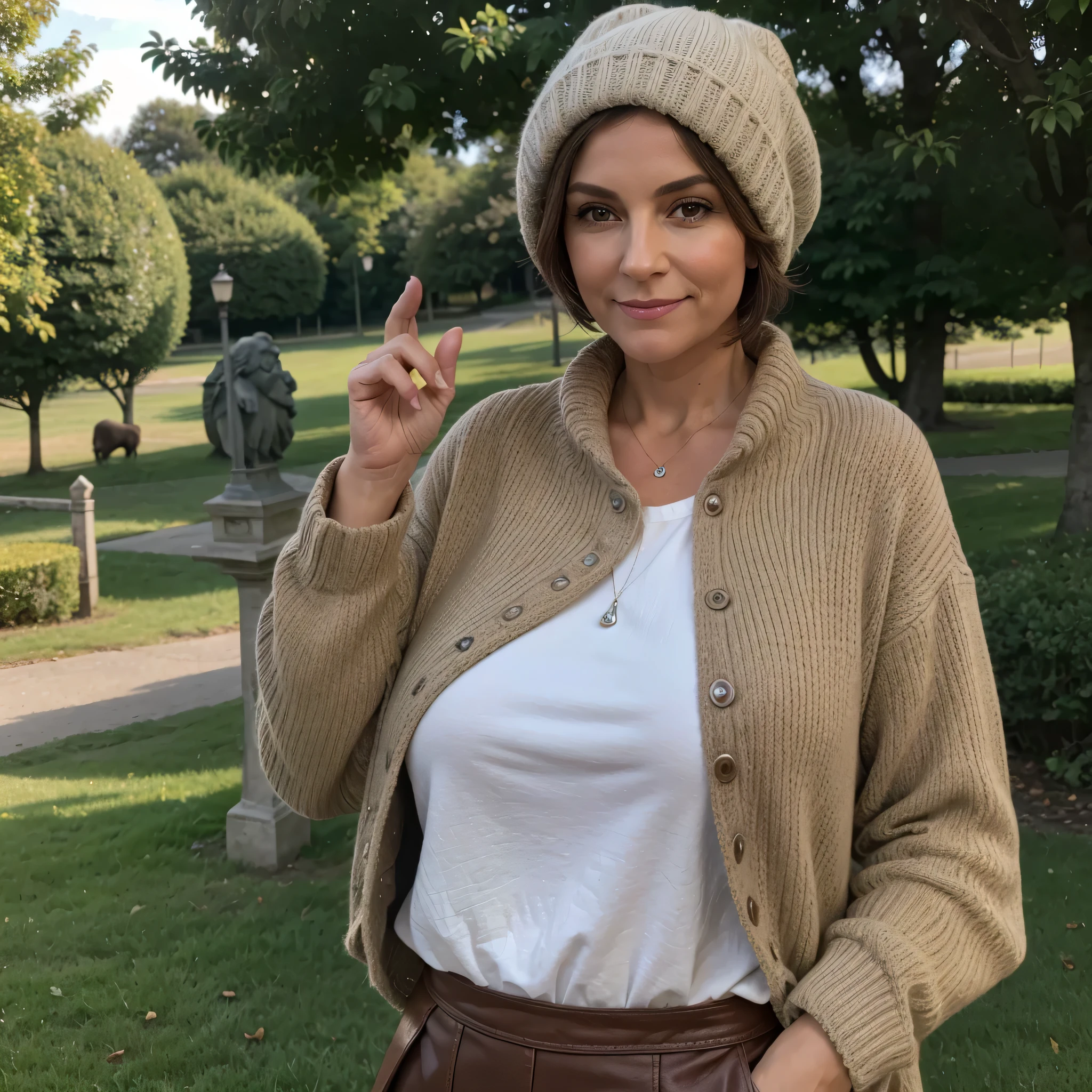 45 ans,(Une MILF:1.2), un regard captivant, yeux verts, (beaucoup de rides sur son visage:1.4), (8k, High resolution, Ultra-quality, A quality of&#39;image ultra élevée, Ultrarealistic, best quality:1.2) (gros seins en bonnet D:1.1), (Vieille Femme en Colombie), eyes visible through the hair, with silver gray hair, bobbed hair, bonne position des yeux, cinematic light, Soft light, lombes, la nuit, detailed color background, Convoluted, Very detailed, 8k, Overall Silhouette, posant professionnellement dans le parc public, portant un pull beige en laine XXXL, elegant and a brown leather skirt, En regardant directement la caméra, Souriant