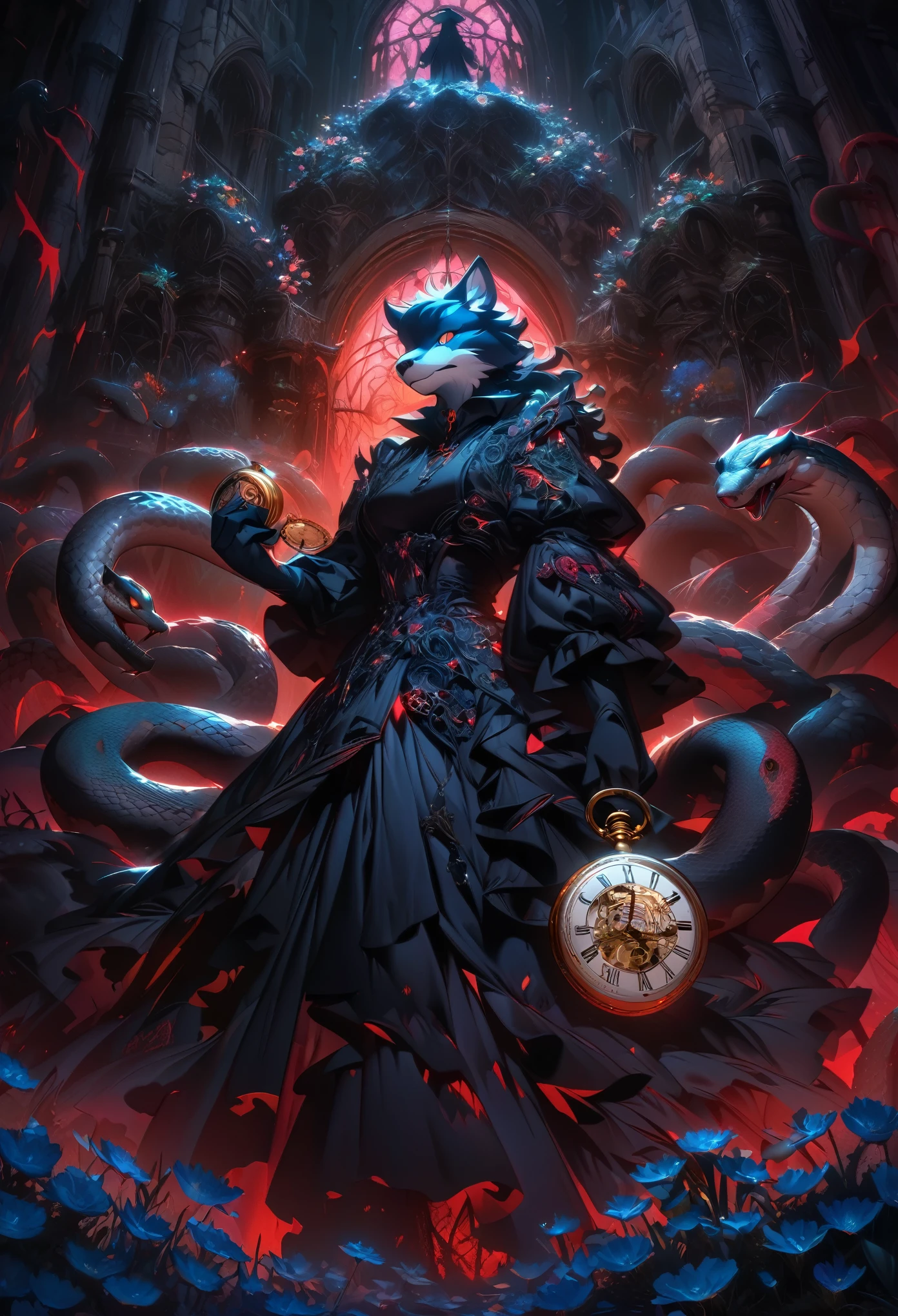 (best quality, high resolution, ultra-detailed)silhouett(kemono, furry anthro)holding striking pocket watch, surrounded by flowers, snakes and darkness, illustrative rendering, intricate details, mysterious atmosphere, vibrant colors, dynamic lighting , Gothic style,