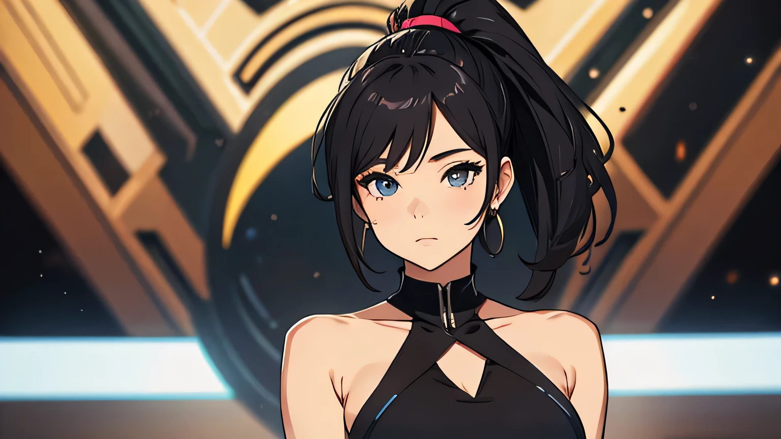 Adult woman, dark purple hair, low ponytail, golden eyes, cat ears, Killer Form, Sleeveless, anger, Masterpiece, hiquality