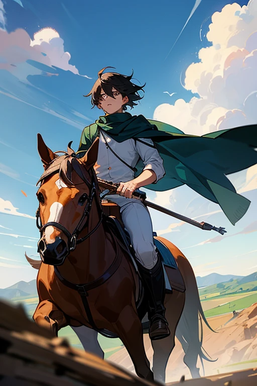The male protagonist rides a horse、Staring ahead with a vast landscape in the background