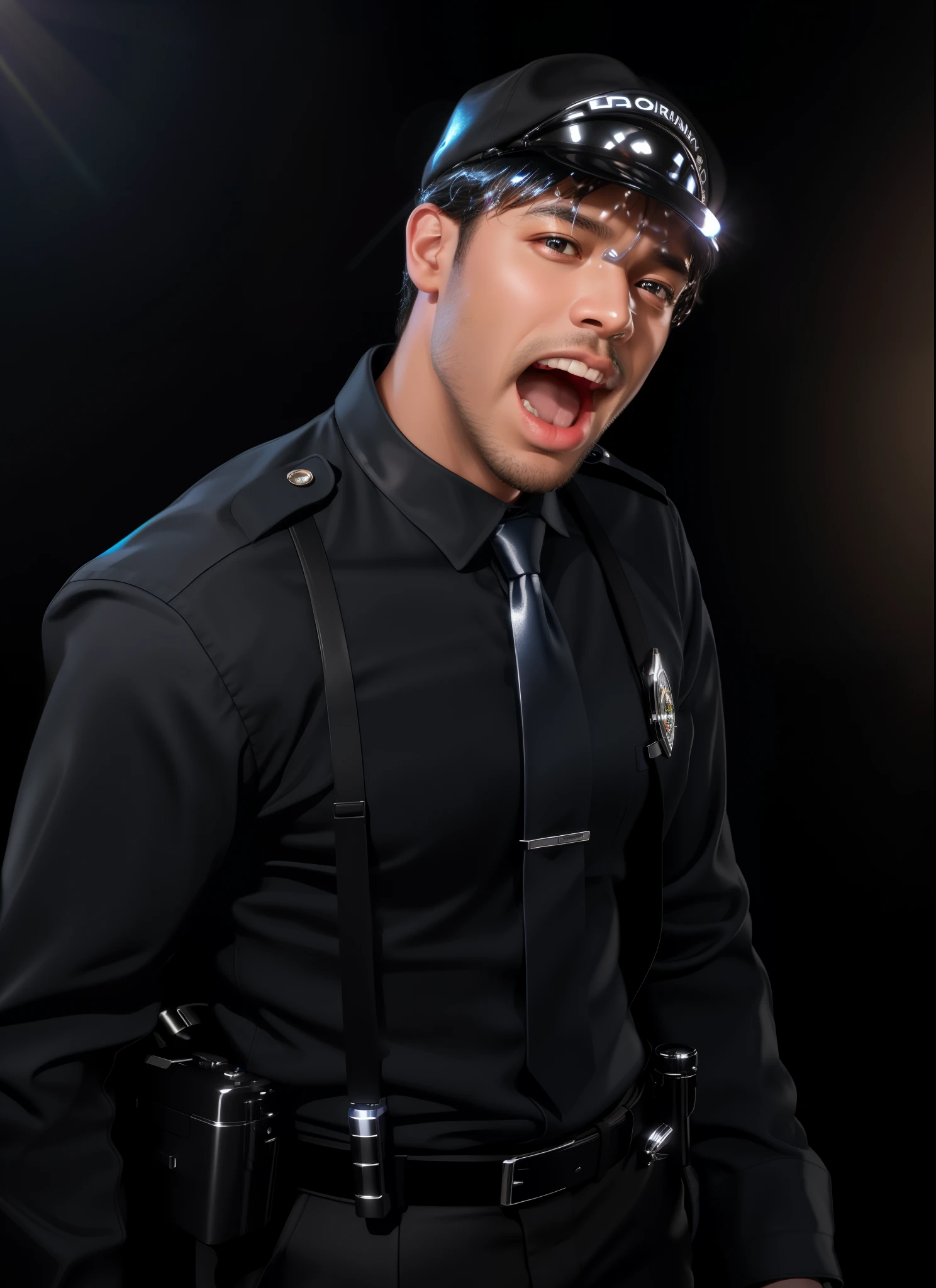 A male police officer wearing a black shirt and a utility belt and tie, holding a walkie-talkie., , and a police badge. afroamerican black man. glossy texture, smooth 3d model, multiple light sources, rim light, sharp post effects render, (glossy plastic texture with multiple big light probe refractions), perfect cgi, smooth silhouette, high intensity refraction, (super glossy material), most beautiful vfx, blue background, plastic refractions, realistic, 4k, high resolution, rim light, photo shoot, commercial photo, profile shot, 4k, rim light, high resolution, 4k, glossy texture, smooth 3d model, multiple light sources, rim light, sharp post effects render, (glossy metallic texture with multiple big light probe refractions), perfect cgi, cgi art created only with gradients, smooth silhouette, high intensity refraction, (super glossy chrome material), most beautiful vfx, blue background, chrome metal refractions, multiple light sources, rim light, sharp post effects render, perfect cgi, digital art, detailed digital art, reflective, best quality, 4k, masterpiece:1.2, ultra-detailed, realistic, vivid colors, dark and moody lighting, The image of the highest quality, ensuring every detail showcased perfectly. It in 4k resolution, allowing viewers to immerse themselves in the richness of the colors and intricate details. The realistic rendering. under the spotlight, reflecting, high-resolution image, realistic rendering, dark background, and rim light photorealistic