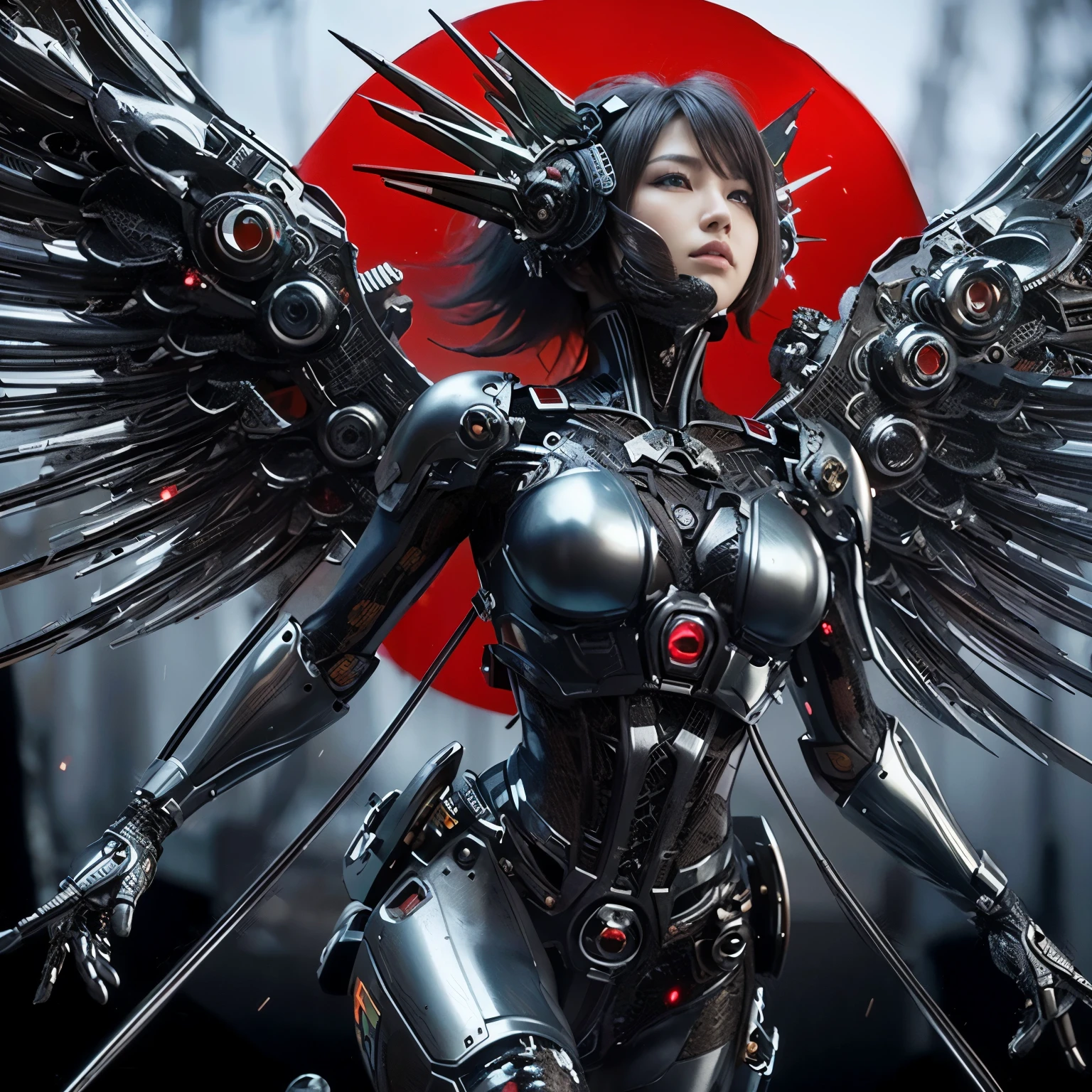 (masterpiece, best quality:1.2), (8k uhd, 16k, 32k, ultra high res), (photorealistic:1.37), (RAW photo), ultimate-realistic, ultimate-realistic details, ultimate-realistic texture, ultimate-intricate details, ultimate-realistic lighting, ultimate-realistic shadow, Japanese woman in bat & ant-shaped power suit, brown accents, hydraulic cylinders, power cables, apogee motors, thrusters, vernier, metal textures, base in forest, hover movement, ultimately complex details, lighting to highlight machinery, photorealistic
