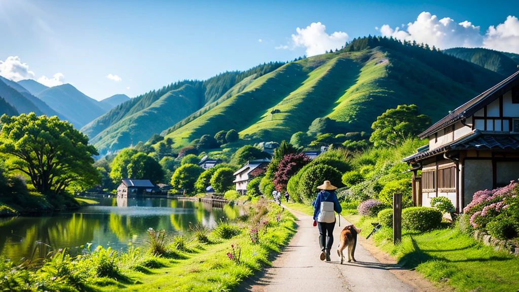 Landscape painting、Japanese village scenery、Photo Style、Dog-walking