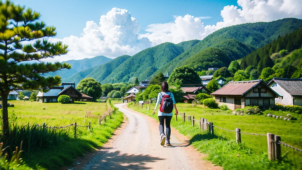 Landscape painting、Japanese village scenery、Photo Style、Dog-walking