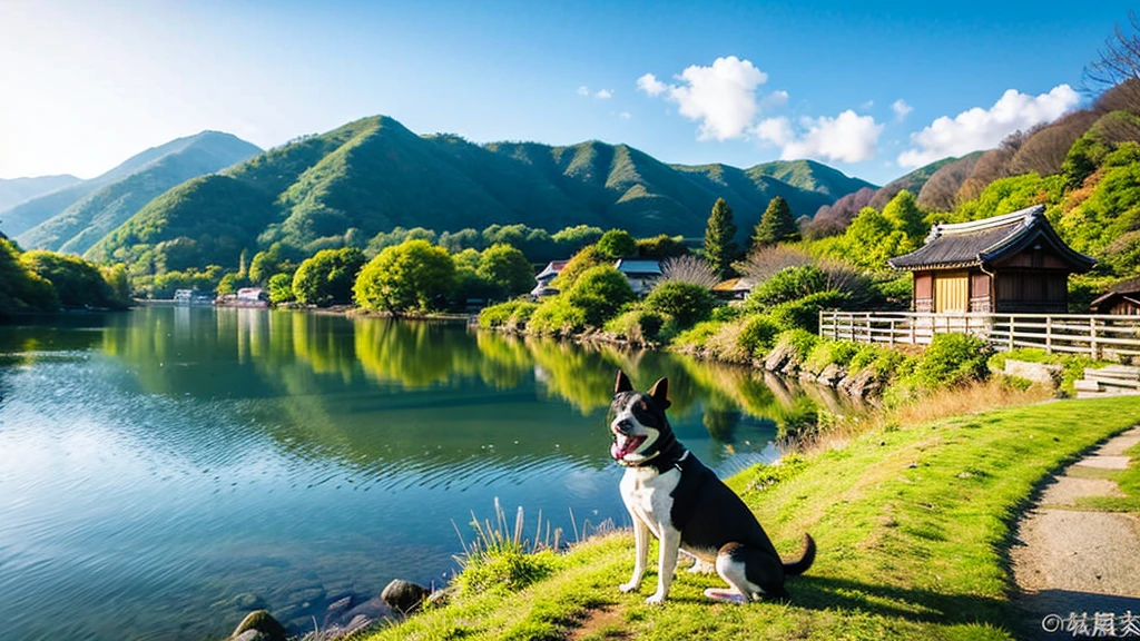 Landscape painting、Japanese village scenery、Photo Style、Dog-walking