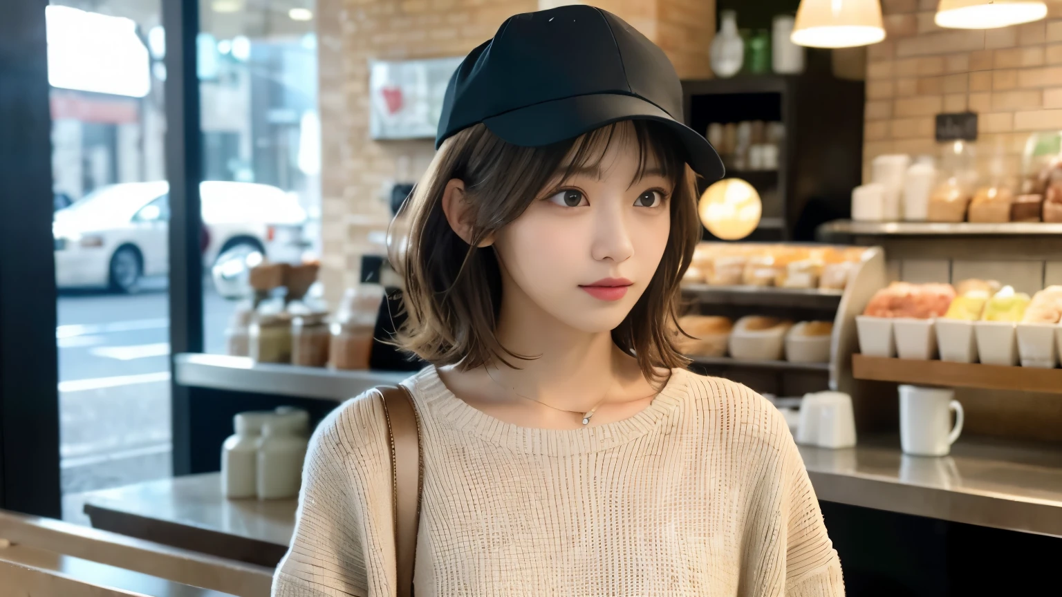 super high quality, Short Hair, Slender, Gravure photoshoot, The staff is working at the counter in the back., (8k、RAW Photos、highest quality、masterpiece:1.2), Japanese Idol, Shaggy, Sportswear, Stylish café, (Realistic、Photorealistic:1.37), Beautiful Face , Mesh Hair, Normal chest, Wearing a cap, Urban Cafe, Golden Ratio, Raw photo, Light Brown Hair, Bright cafe interior, Blurred Background, Spring Clothes, Beautiful hairstyle, 20-year-old, Hair blowing in the wind, Neat clothes, 
