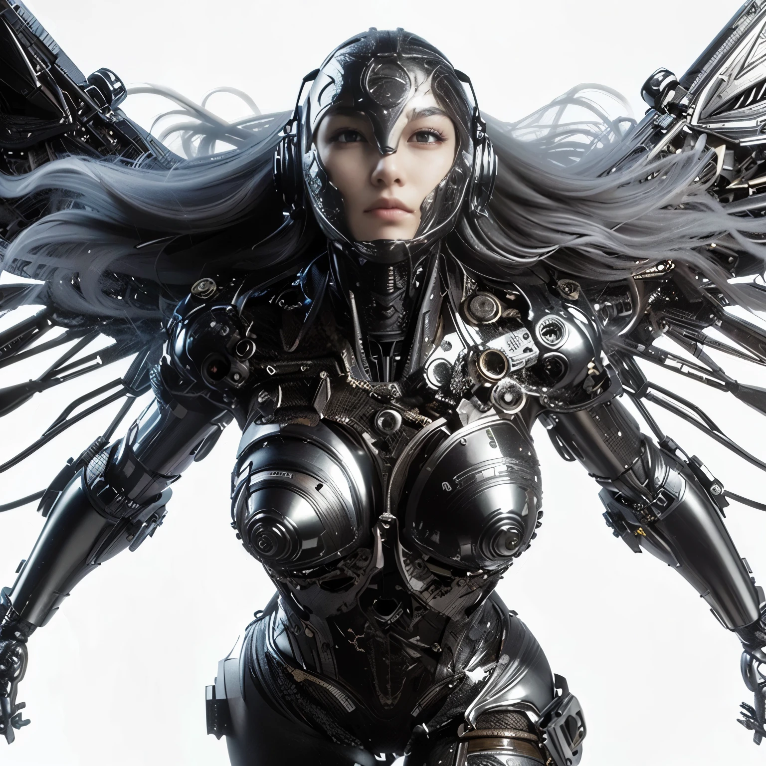 (masterpiece, best quality:1.2), (8k uhd, 16k, 32k, ultra high res), (photorealistic:1.37), (RAW photo), ultimate-realistic, ultimate-realistic details, ultimate-realistic texture, ultimate-intricate details, ultimate-realistic lighting, ultimate-realistic shadow, Japanese woman in bat & ant-shaped power suit, brown accents, hydraulic cylinders, power cables, apogee motors, thrusters, vernier, metal textures, base in forest, hover movement, ultimately complex details, lighting to highlight machinery, photorealistic