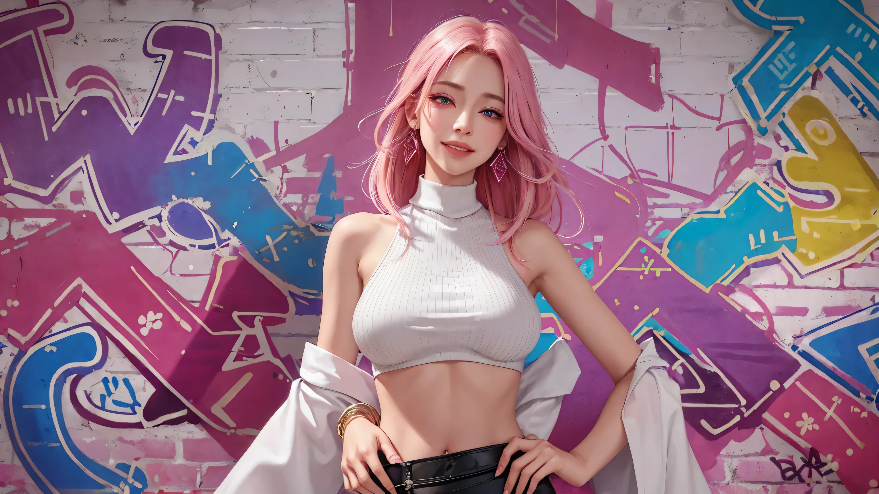 (masterpiece, best quality, 1girl, solo, intricate details, chromatic aberration), realistic, ((medium breath)),long hair, pink hair, red head ornament, pink highlights, hair over one eye,purple eyes, earrings, sharp eyes, choker, neon shirt, She wears a collar, bangles, and a kimono-style garter belt., crop top, (symmetry eyes),(perfect symmetrical body),against wall, brick wall, (colorful graffiti words on wall:1.2), dim lighting, alley ,look at viewer、dig breasts、smile、(No sleeve、Navel exposed、fitted turtleneck)、hot pants string street、thin butt、Please generate above the eaves.、thin shoulders、In underwear、