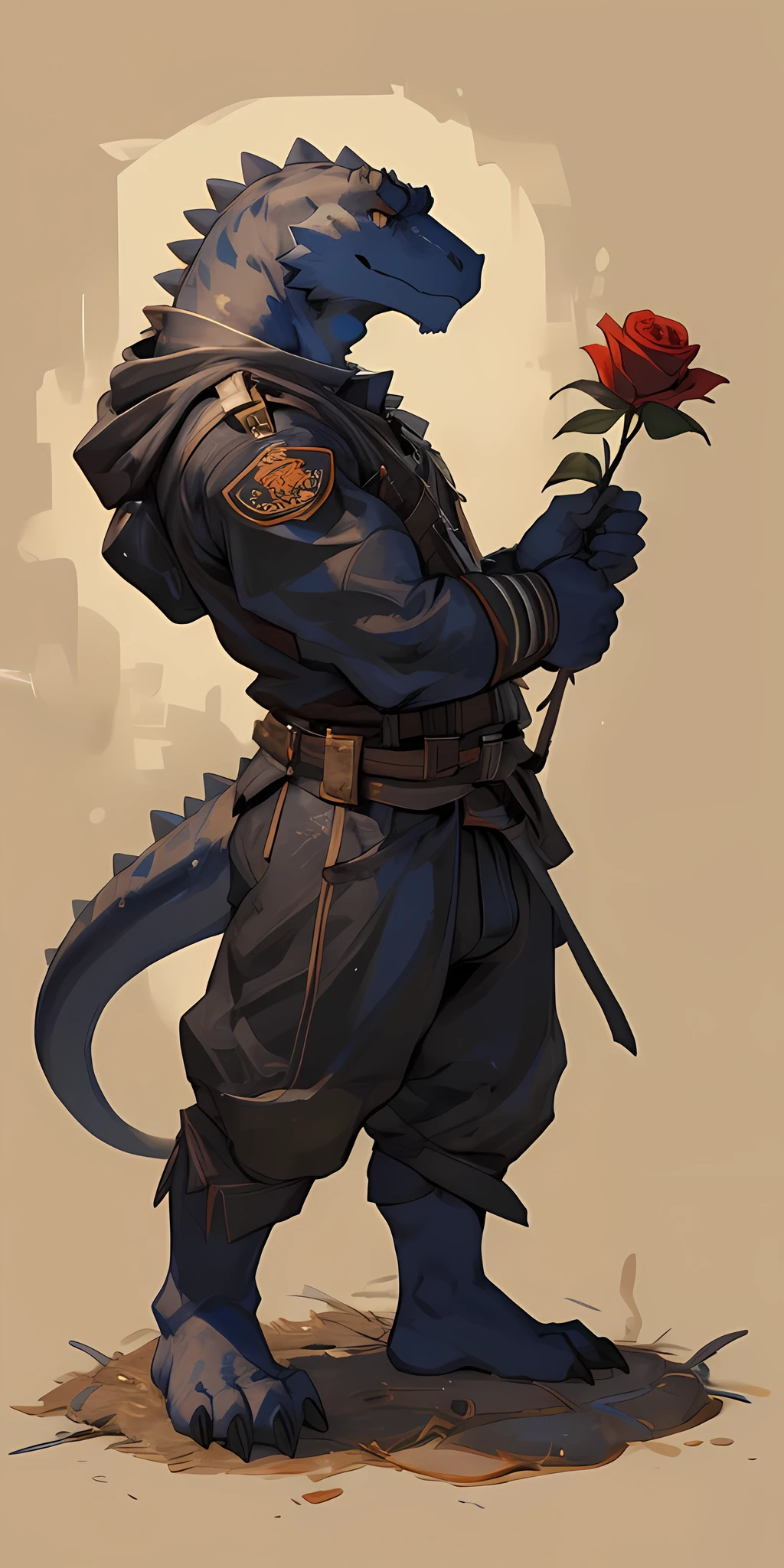 top quality, best quality, logo mark, stamp, Geometric pattern, vector-art, High-quality illustrations, by bebebebebe, by dangpa, masterpiece(kemono, furry anthro)flower,tyrannosaurus,  dog ears, fluffy fur, red, balck fur, black fur, bulge, boner in kemono, big bulge, hard bulge, rose, holding battle axe 🪓 