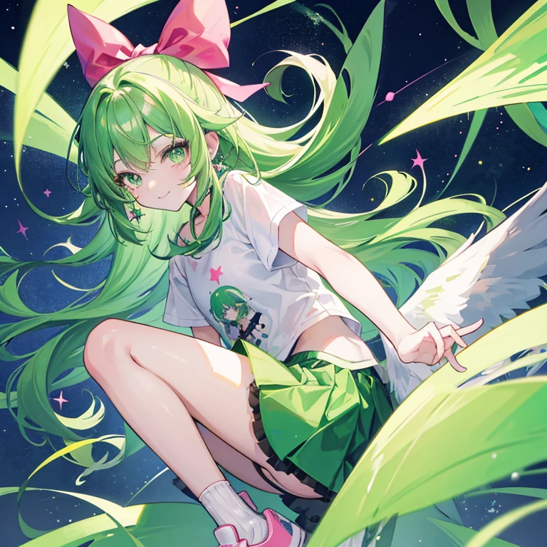 Alone anime girl, Green hair, Long hair, Green eyes with high detailed, Star pupils in eyes, Fatasy shirt, Bows on shirt, Short dark green skirt, Green teardrop tattoo on cheek , Smile with harsh and cheerful, Cute pink brush, Long white socks, Sport shoes, Wings on hair, Stars earrings, Highest quality, 8k