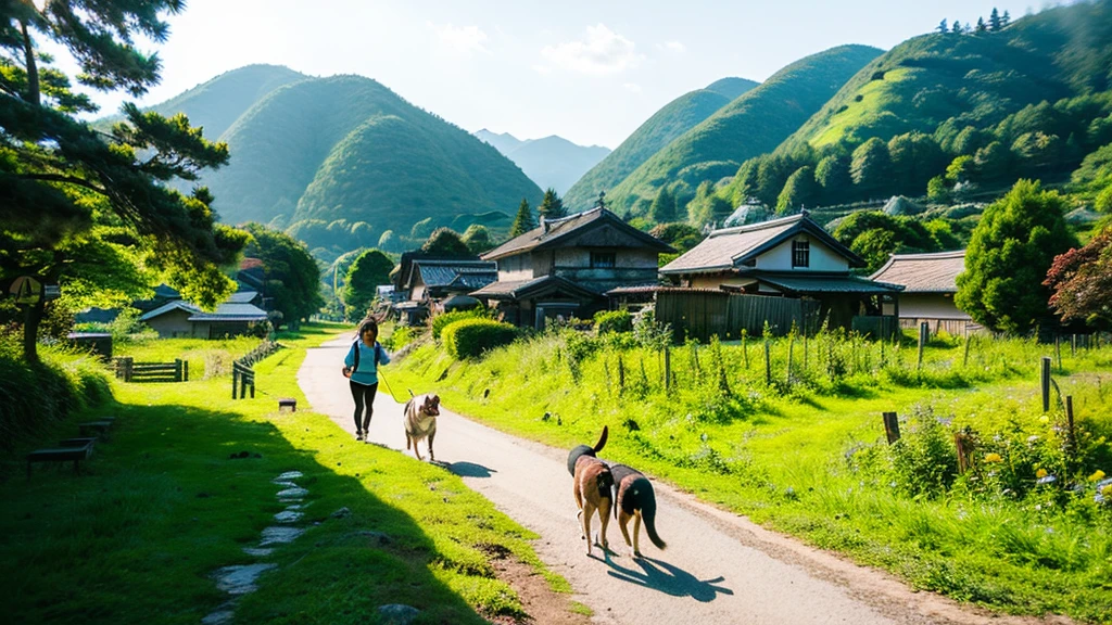Landscape painting、Japanese village scenery、Photo Style、Dog-walking,