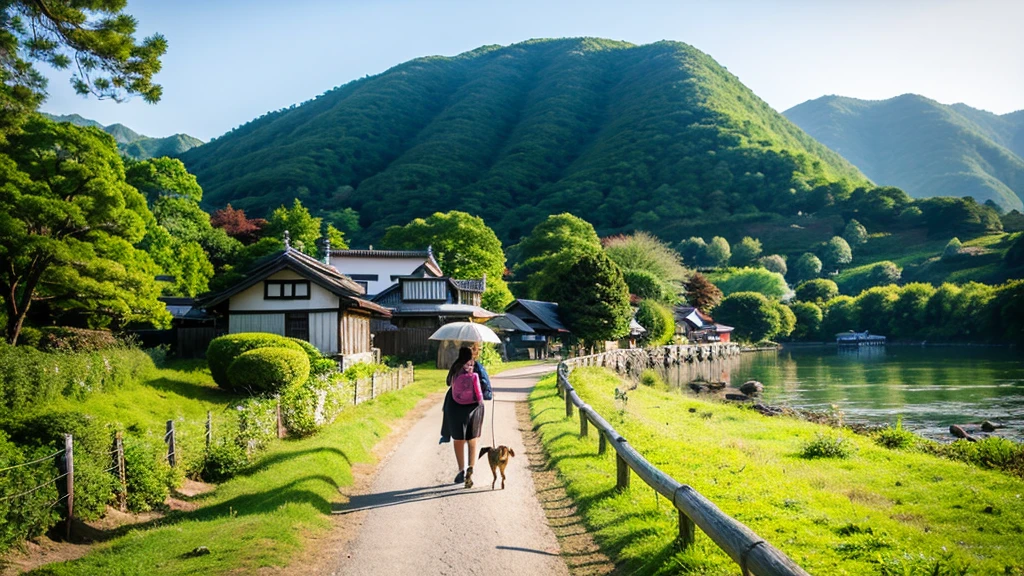 Landscape painting、Japanese village scenery、Photo Style、Dog-walking,