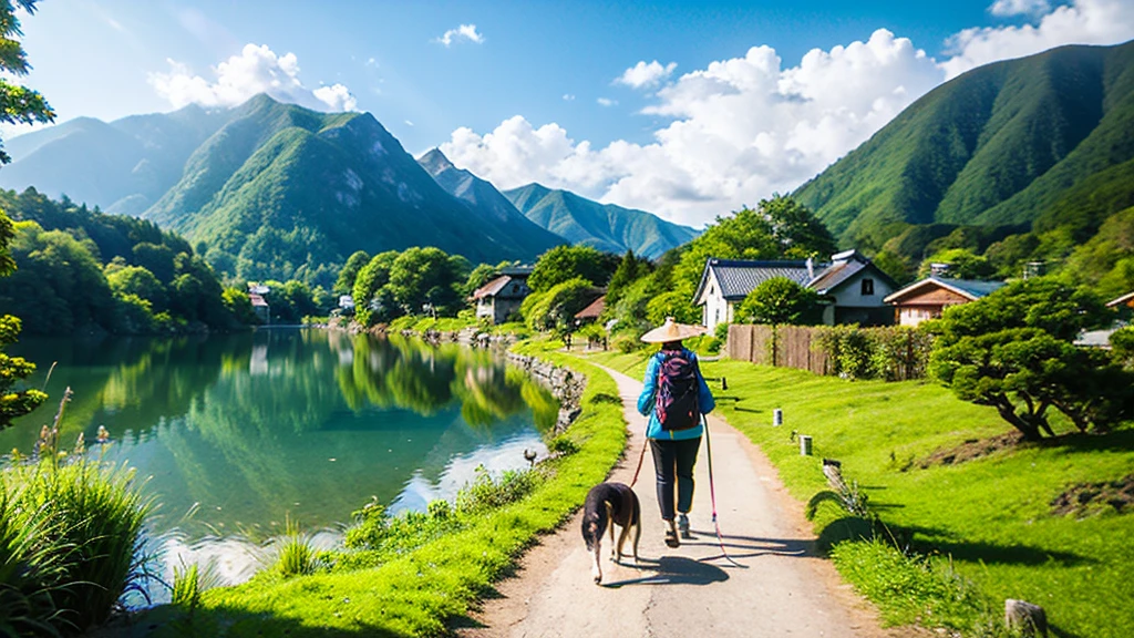 Landscape painting、Japanese village scenery、Photo Style、Dog-walking,