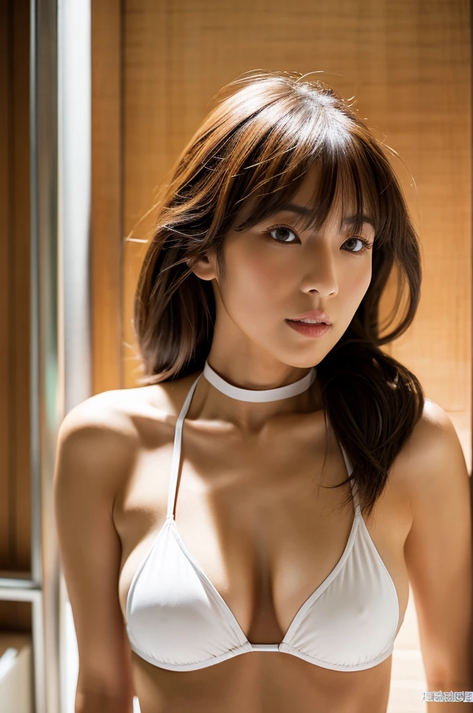 25Image of a Japanese woman around the age Beautiful Slim body Beauty Brown Hair Wearing a large collar facing straight ahead Photographed from the front bangs white string micro bikini Are standing Wearing high heels Long legs